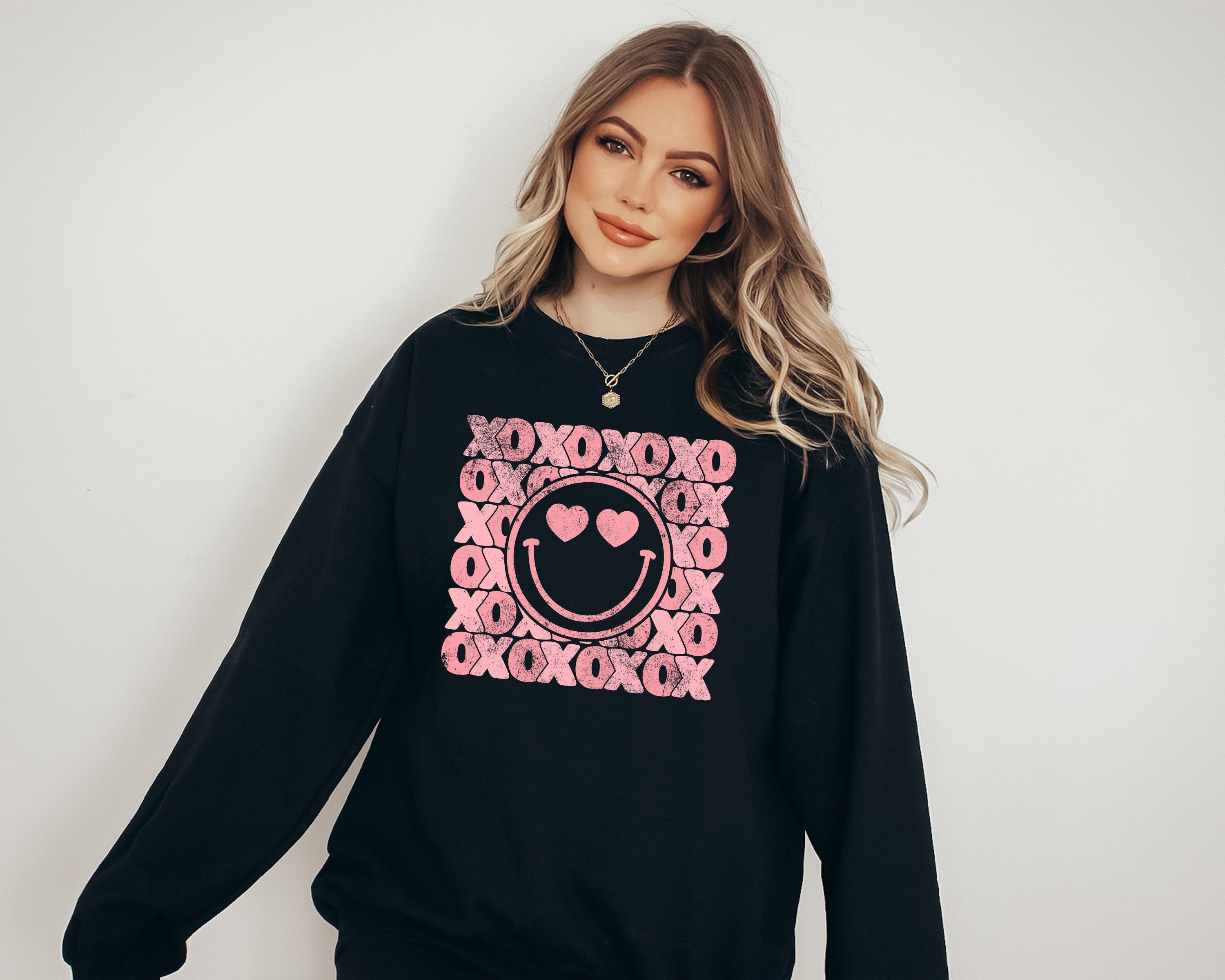 Retro Valentines Sweatshirt, Love Vibes, Valentines Day, Love Pullover, Womens Love Sweatshirt, Red Crewneck, Pink Heart Smiley Face Sweater