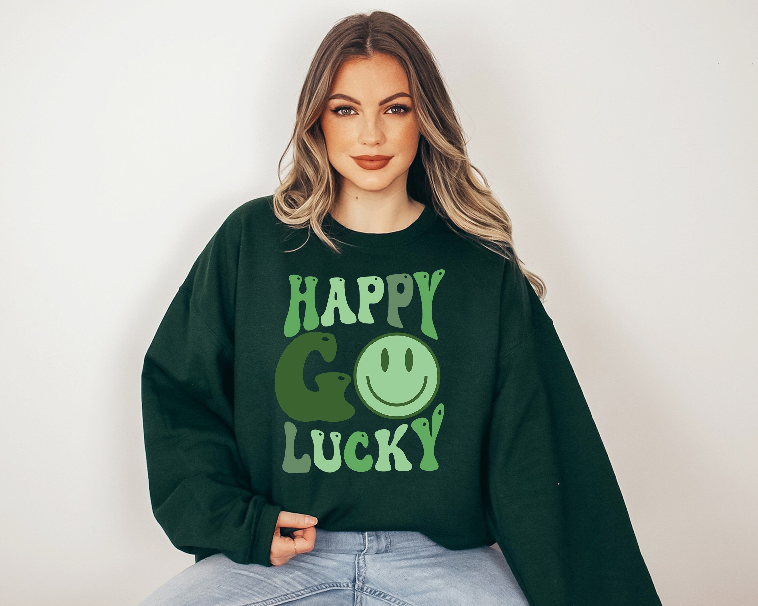 Happy Go Lucky Sweatshirt, Lucky Clover Sweater, St Patricks Day Sweatshirt, Lucky Pullover, Womens Sweatshirt, Crewneck, Shamrock Shirt