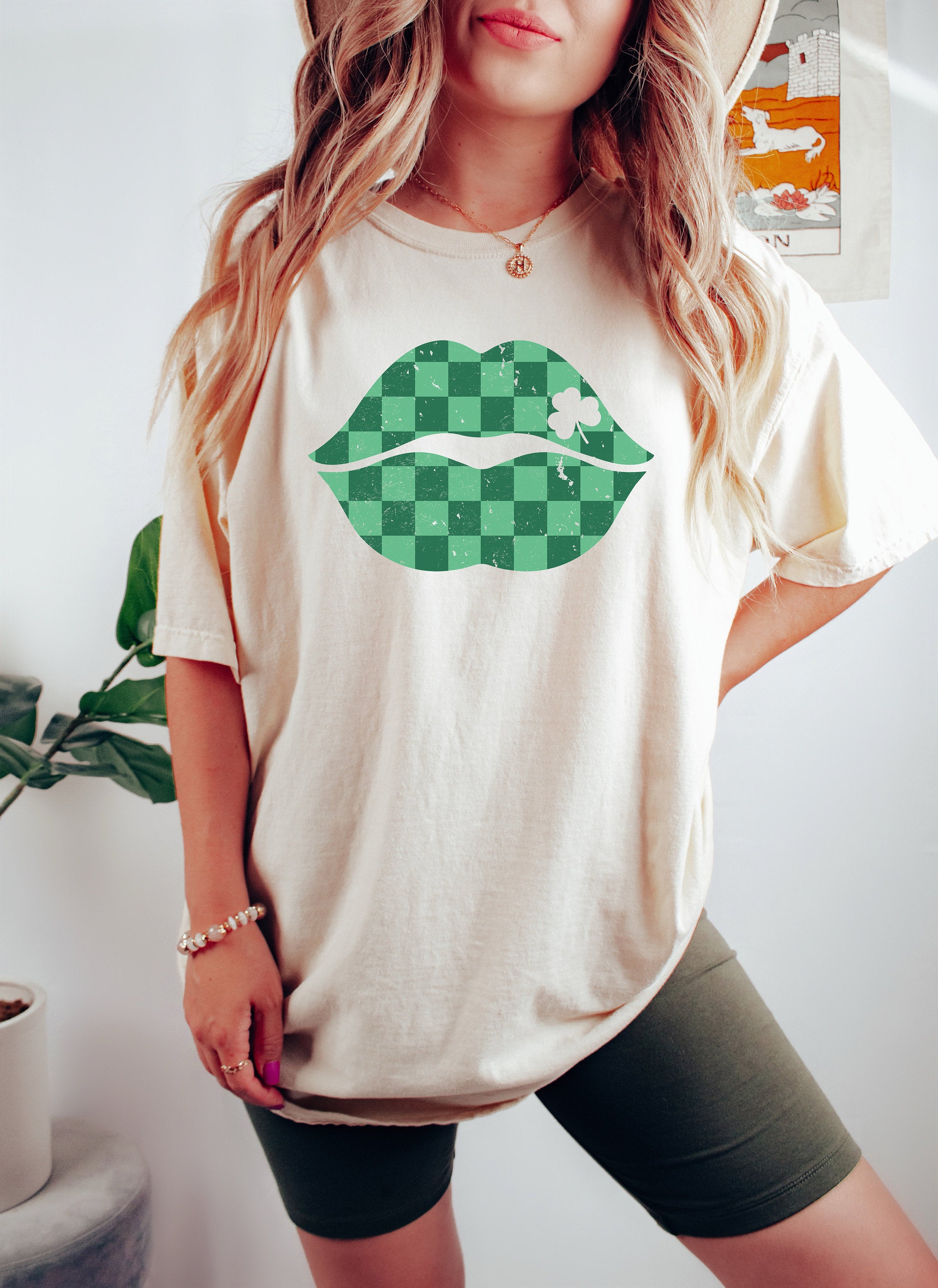 Retro St Patty's Day Comfort Colors Shirt, Checkered Lips Tee, Vintage St Patrick's Day Shirt, Day Drinking Shirt, Retro Shirt, Lucky Shirt