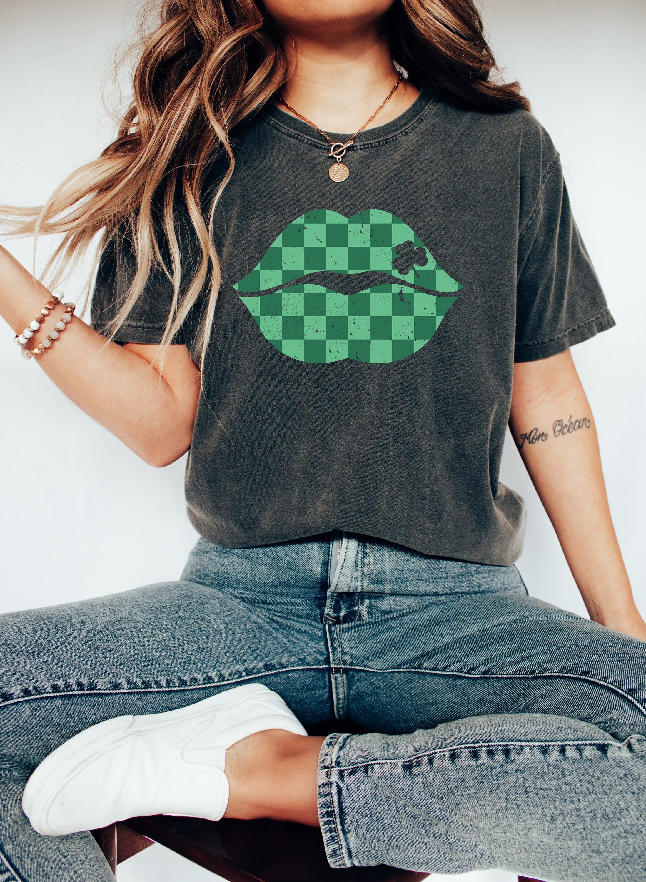 Retro St Patty's Day Comfort Colors Shirt, Checkered Lips Tee, Vintage St Patrick's Day Shirt, Day Drinking Shirt, Retro Shirt, Lucky Shirt