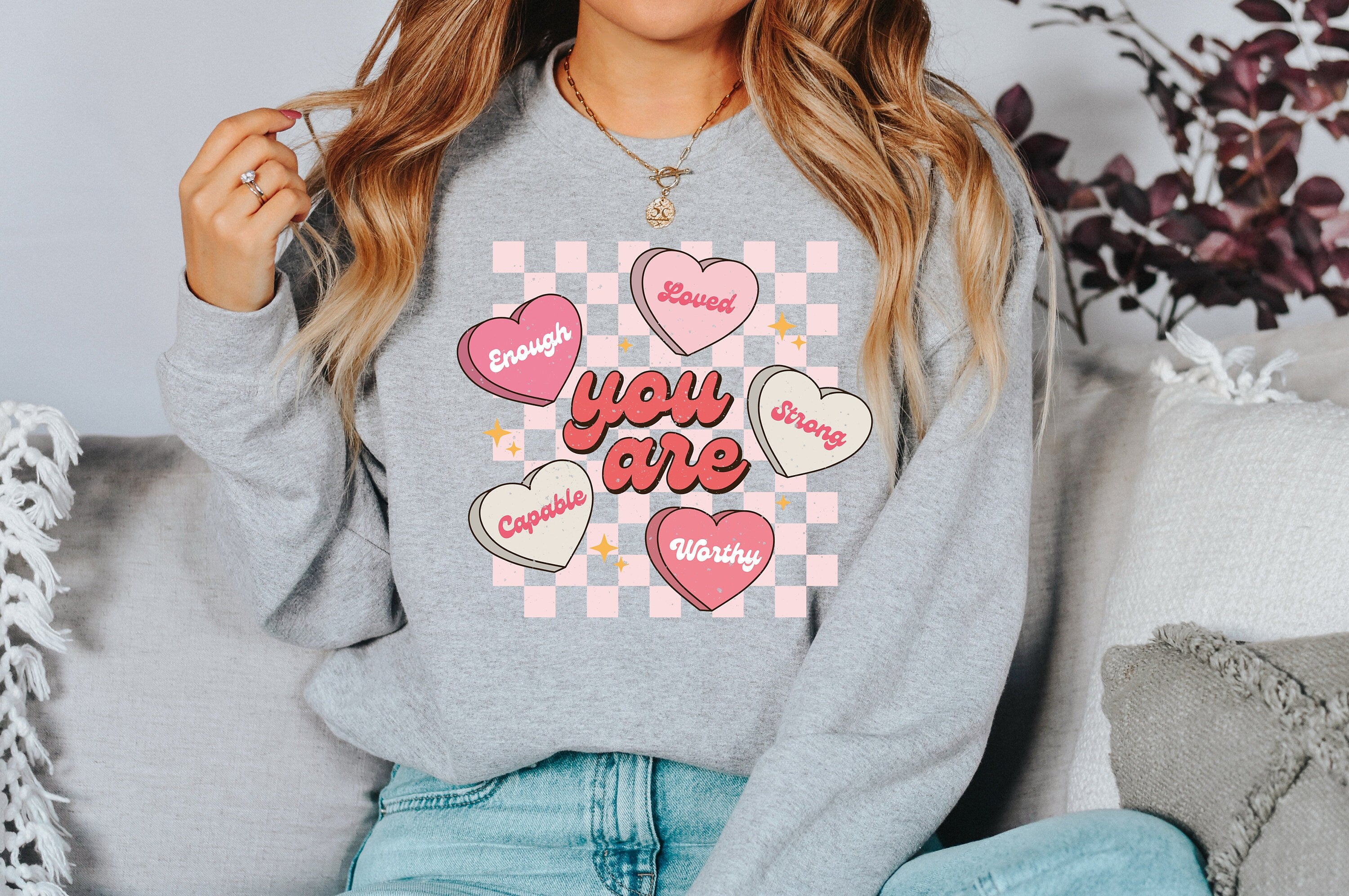 Retro Valentines Sweatshirt, Love Vibes, Valentines Day, Love Pullover, Womens Love Sweatshirt, Red Crewneck, You Are Enough, Loved, Worthy