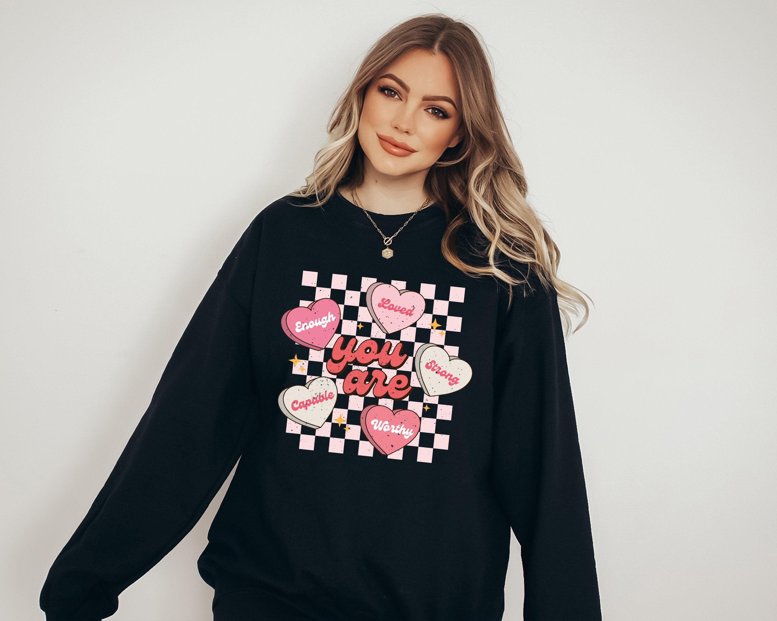 Retro Valentines Sweatshirt, Love Vibes, Valentines Day, Love Pullover, Womens Love Sweatshirt, Red Crewneck, You Are Enough, Loved, Worthy