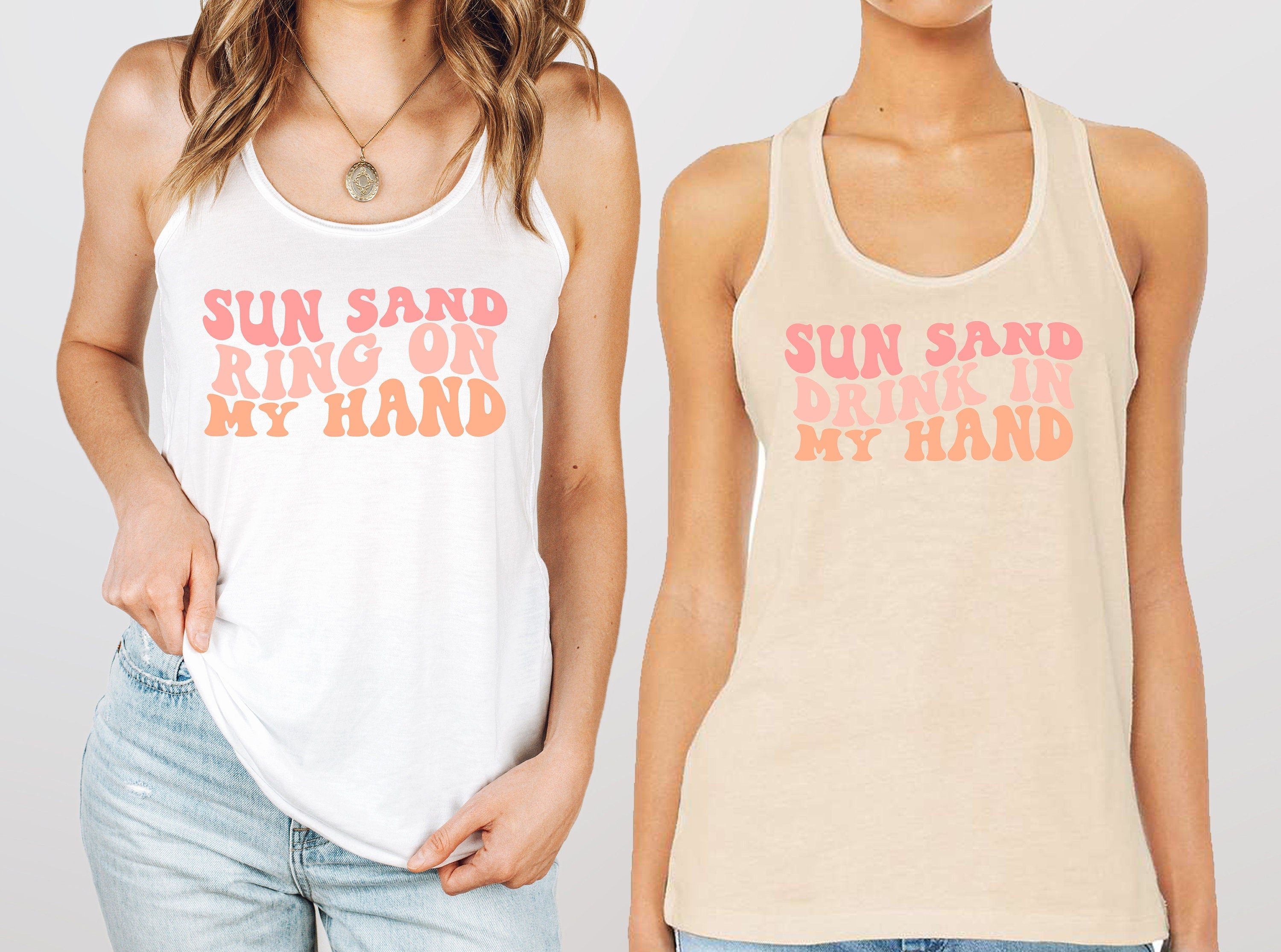 Wavy Sun Sand Drink In My Hand, Ring On My Hand, Retro Batch Tanks, Bachelorette Party Tank Tops, Bachelorette Tanks, Retro Cream Tank Top