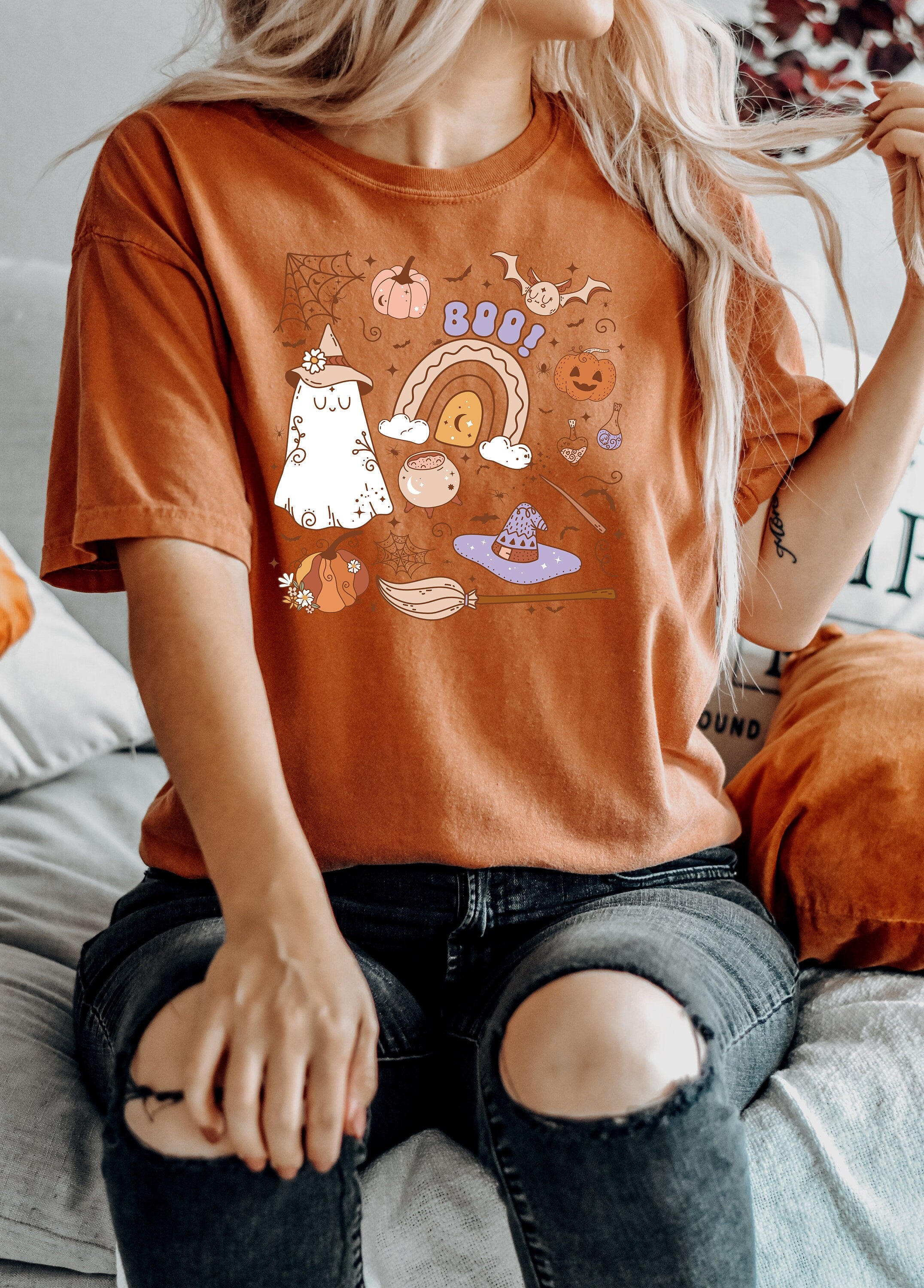 Retro Halloween Comfort Colors shirt, Halloween Doodle Shirt,Vintage Ghost Halloween Shirt,Witch Shirt,Retro Fall Shirt, Fall Shirt, autumn