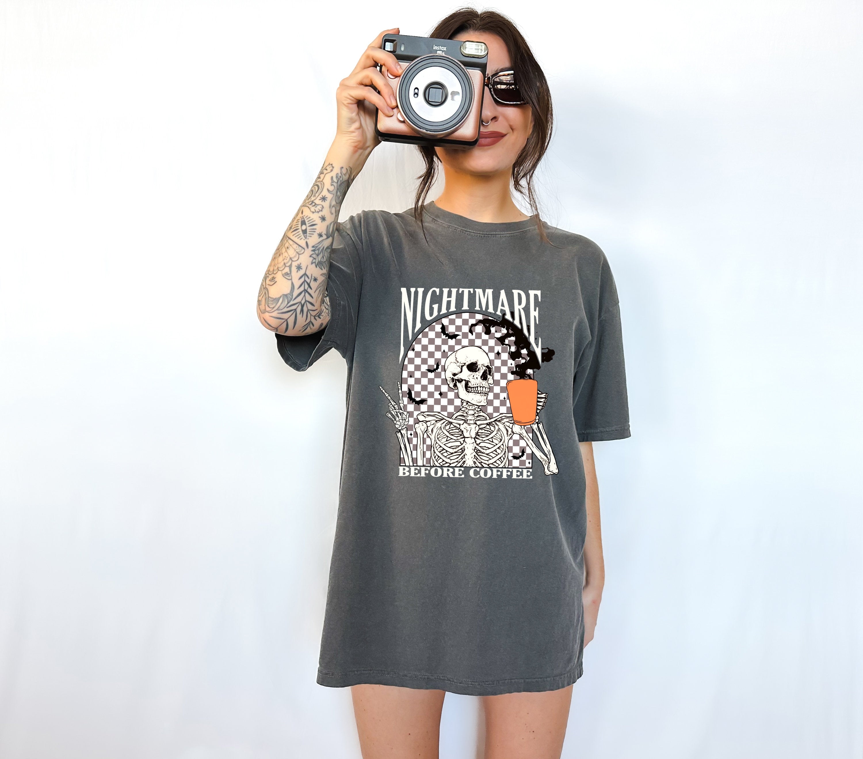 Retro Halloween Comfort Colors shirt, Nightmare Before Coffee ,Vintage Skeleton Halloween Shirt,Autumn Shirt,Retro Fall Shirt,