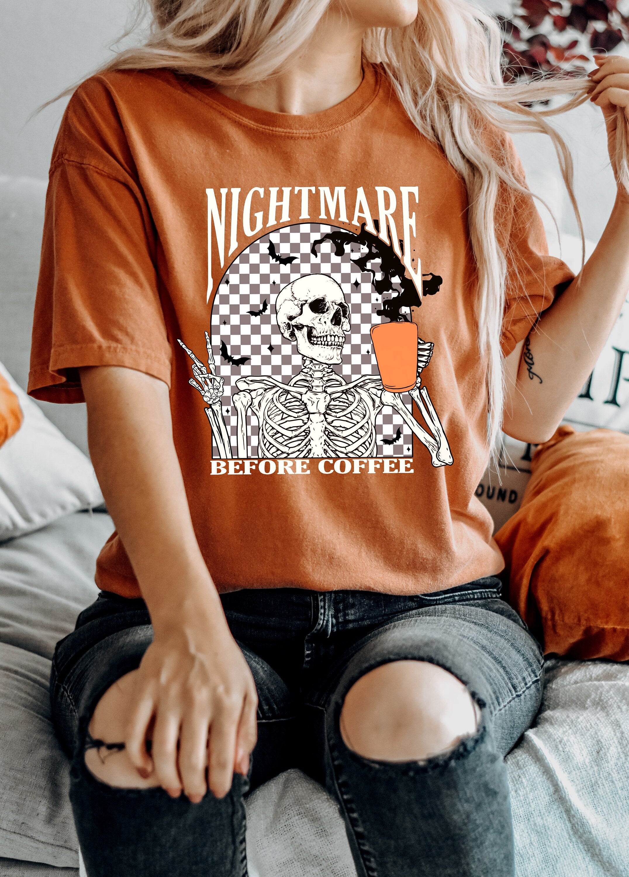 Retro Halloween Comfort Colors shirt, Nightmare Before Coffee ,Vintage Skeleton Halloween Shirt,Autumn Shirt,Retro Fall Shirt,