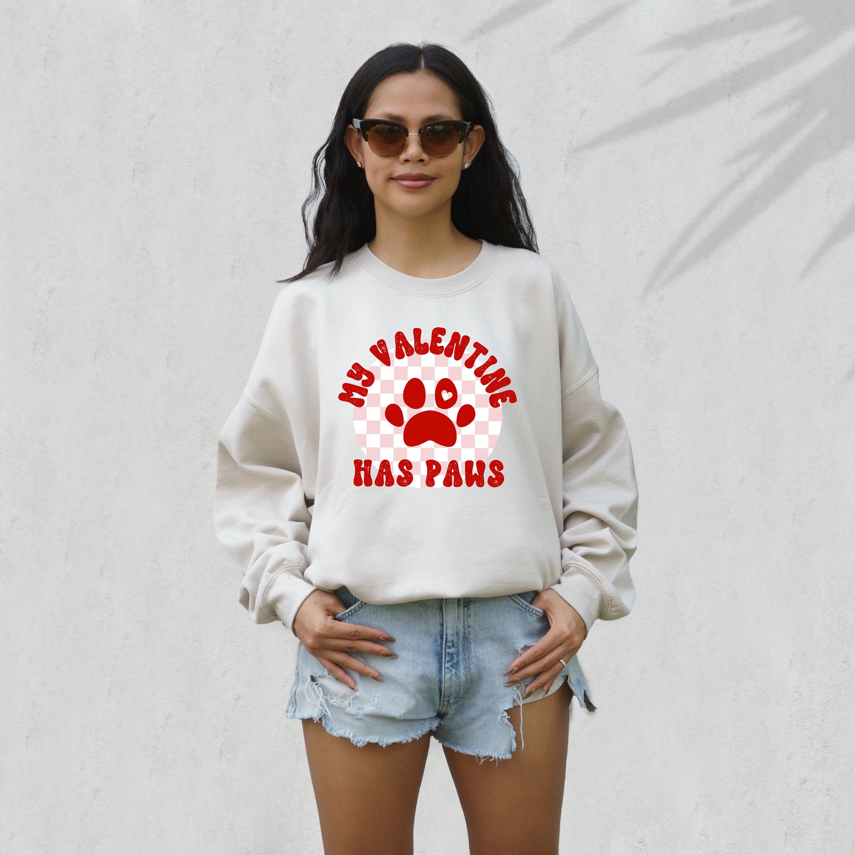 Retro Valentines Sweatshirt, My Valentine Has Paws , Galentines Day, Women's Valentines Day Crew, Red Crewneck, Varsity Pullover, dog mom
