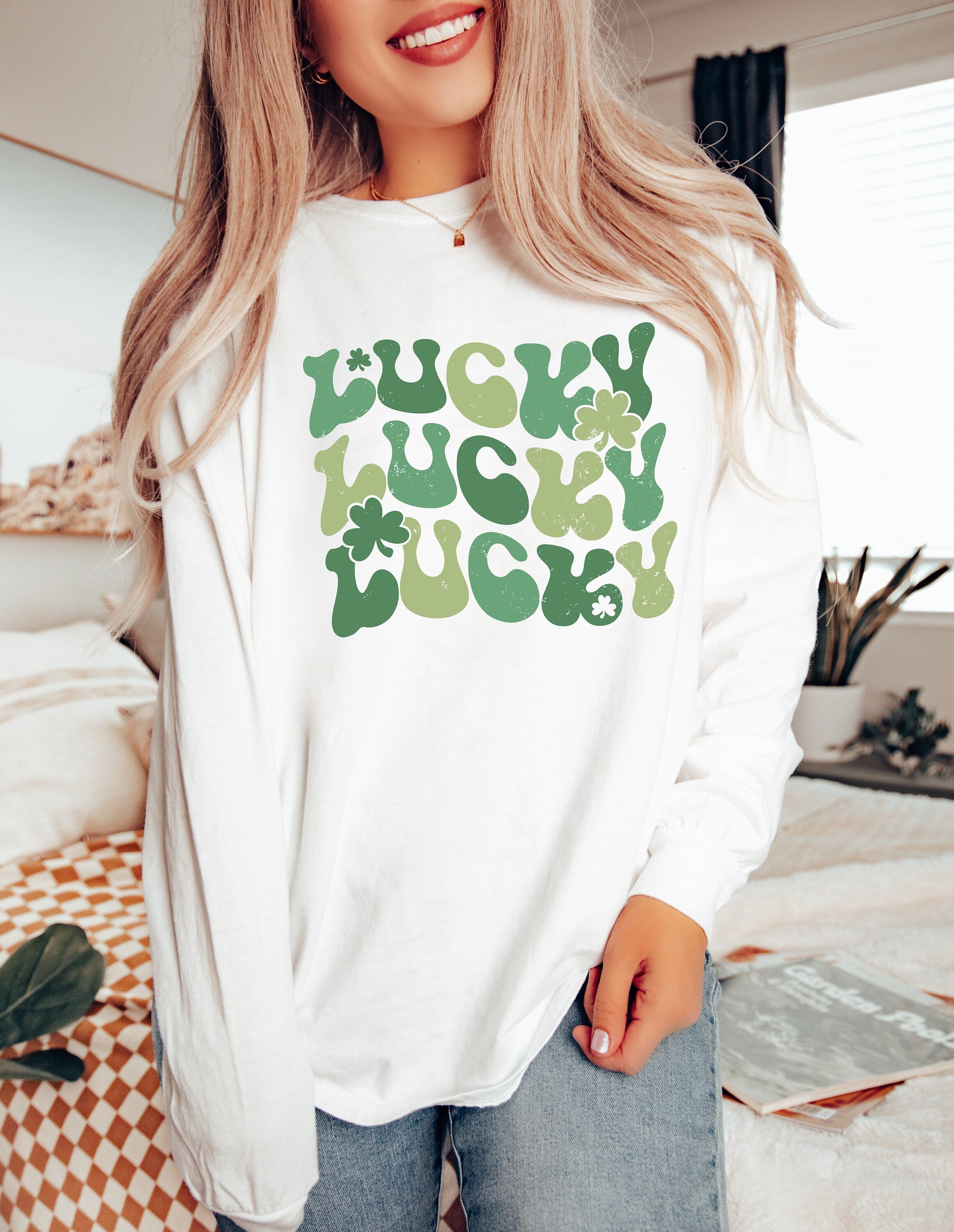 Long Sleeve Retro St Patty's Day Comfort Colors Shirt, Lucky Lucky Lucky T Feeling Lucky, Vintage St Patrick's Day Shirt, Day Drinking Shirt