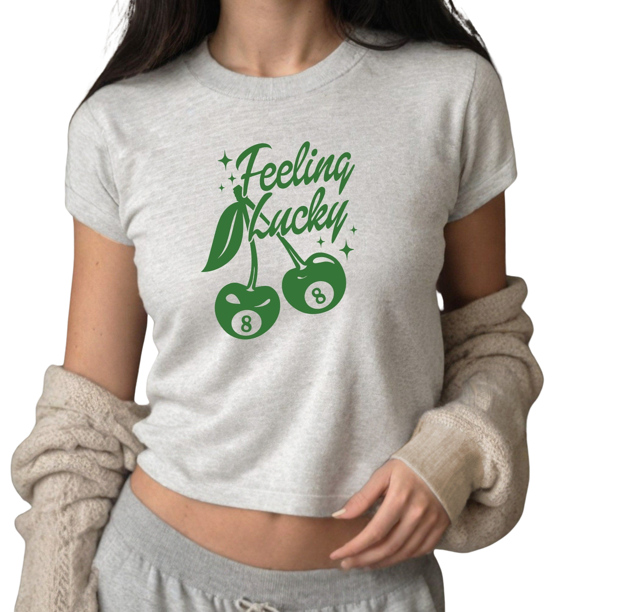 Baby Tee Feeling Lucky Green Cherries, Baby Tee, Baby Girl, Cute Baby Tee, Cute Baby T, Cherry Tee, y2k baby tee, 90s baby tee, y2k, Crop