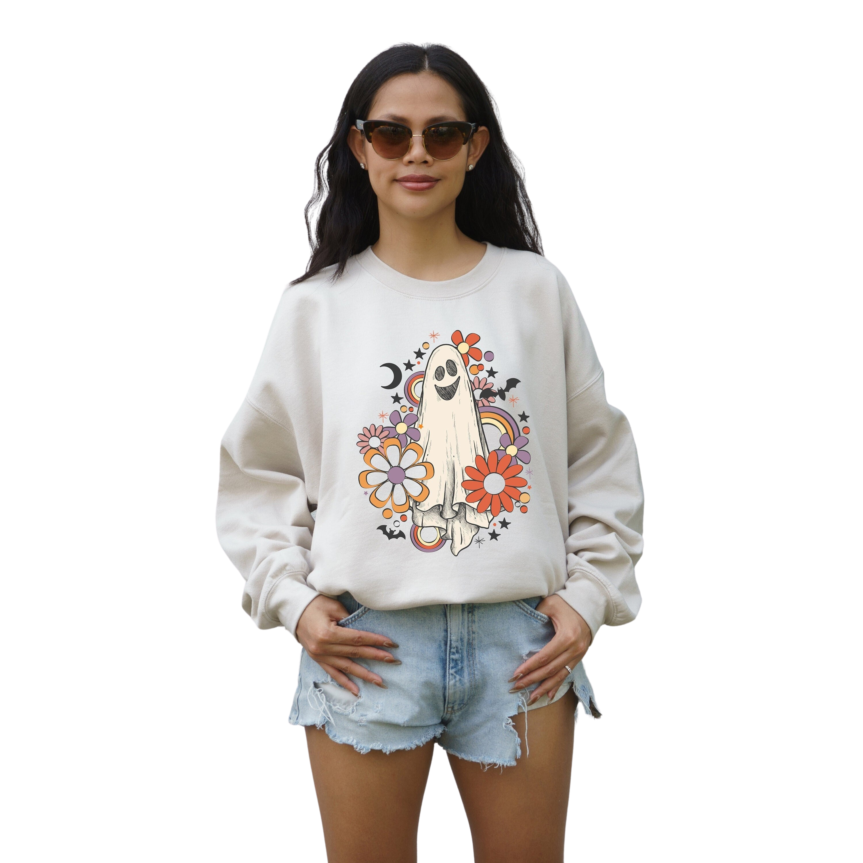 Retro Flower Ghost Crewneck, Fall Design, Vintage Halloween  Sweater, Fall Sweatshirt ,Autumn Sweater, Pumpkin Sweatshirt, Flower Vibes