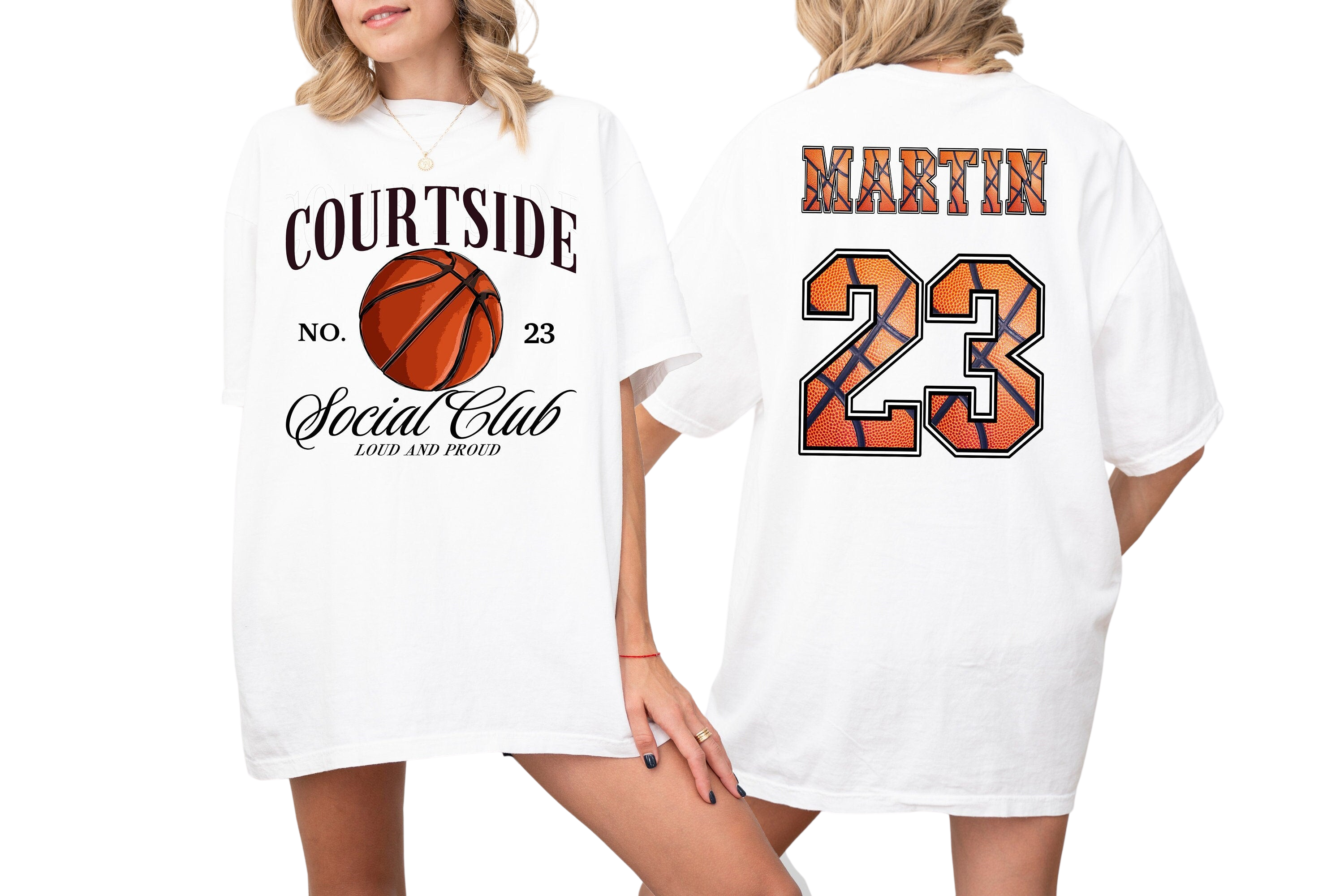 Court Side Social Club Sports Vintage Washed Tee, Two-sided Basketball Tshirt Custom Number Name