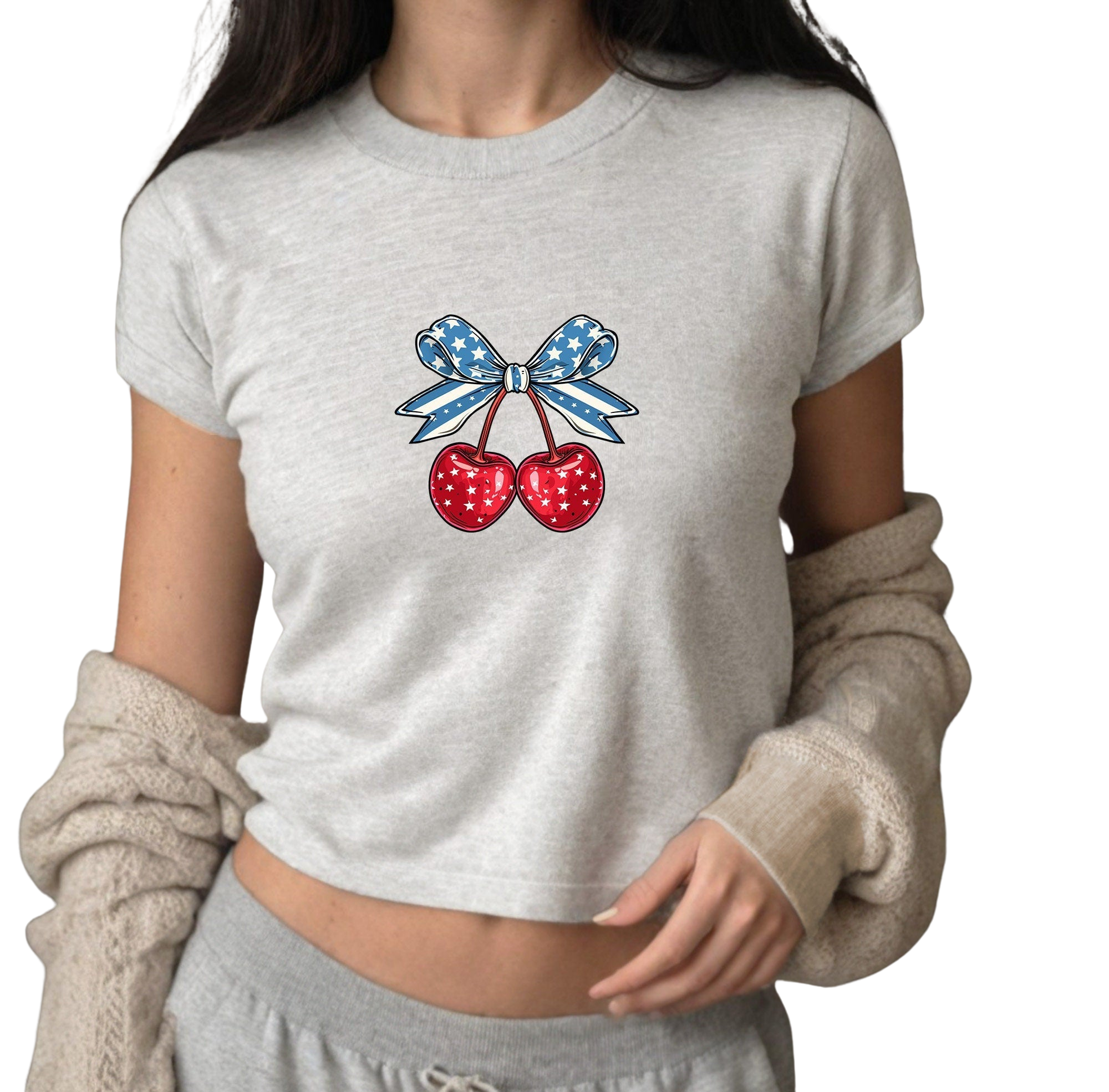 Cherries 4th of July Baby Tee Forth of July Bow Design Cute July 4th Baby Tee Gildan 5000B T Shirt, Independence Day Cropped Shirt