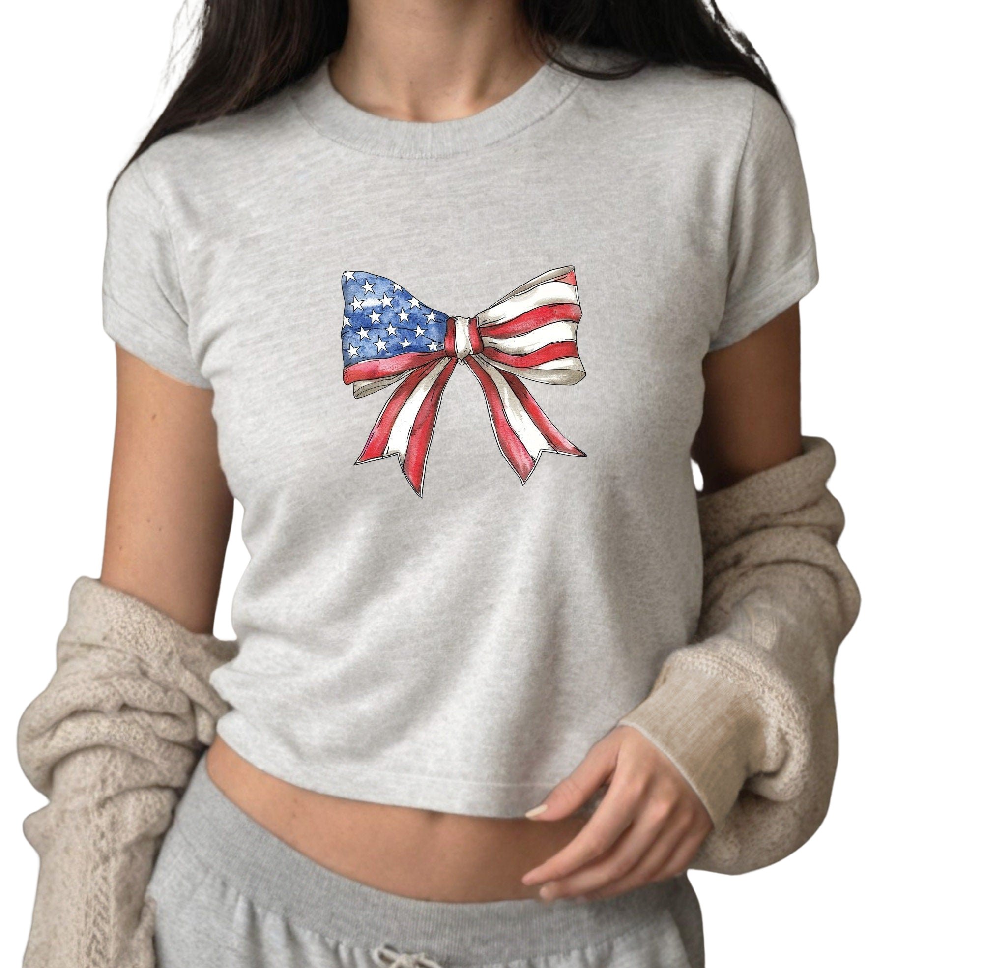 American Flag Bow 4th of July Baby Tee Forth of July Bow Design Cute July 4th Baby Tee Gildan 5000B T Shirt, Independence Day Cropped Shirt