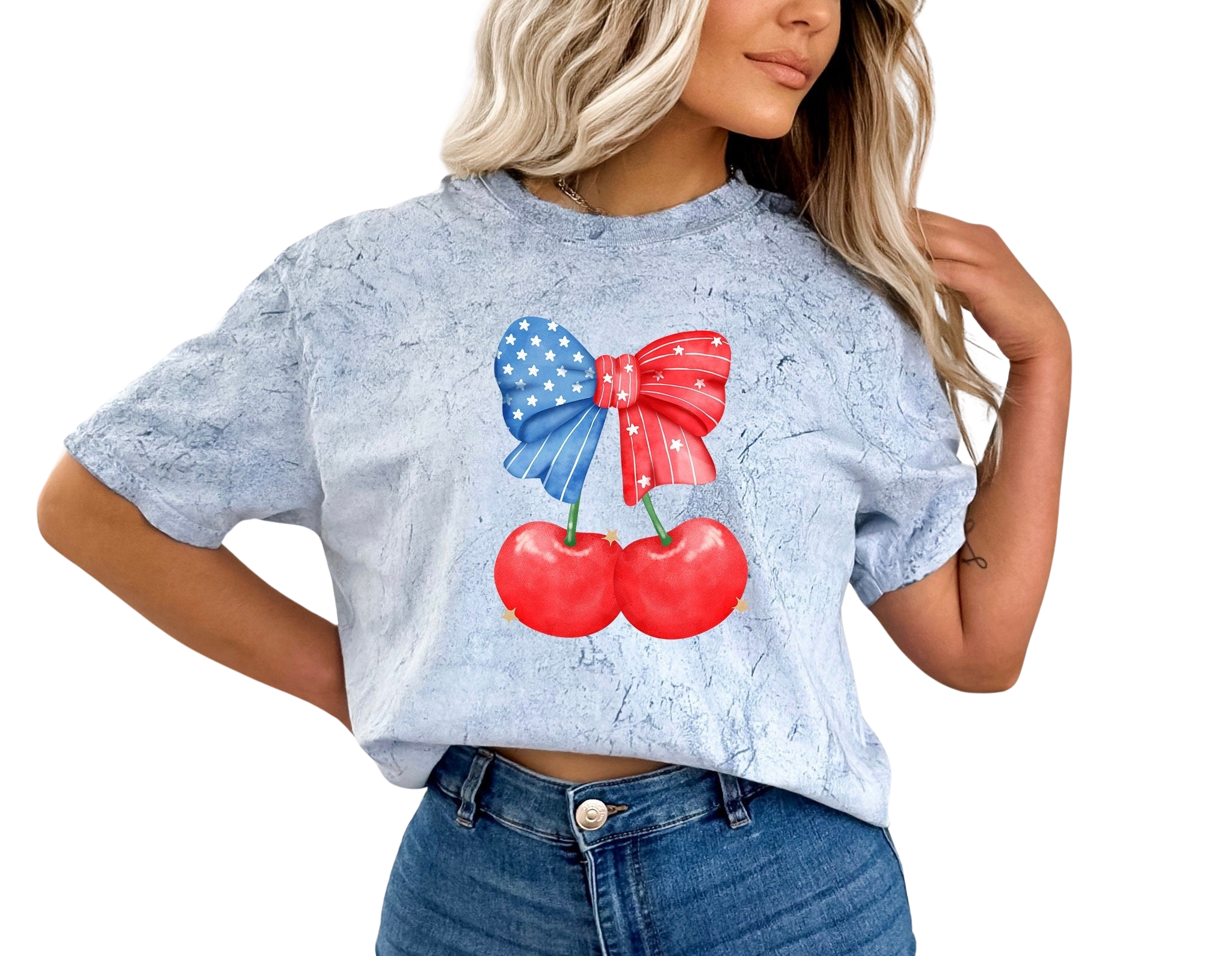 Retro USA Tie Dye Vintage Washed T Red White and Blue Cherry Bow July 4th shirt Women 4th of July