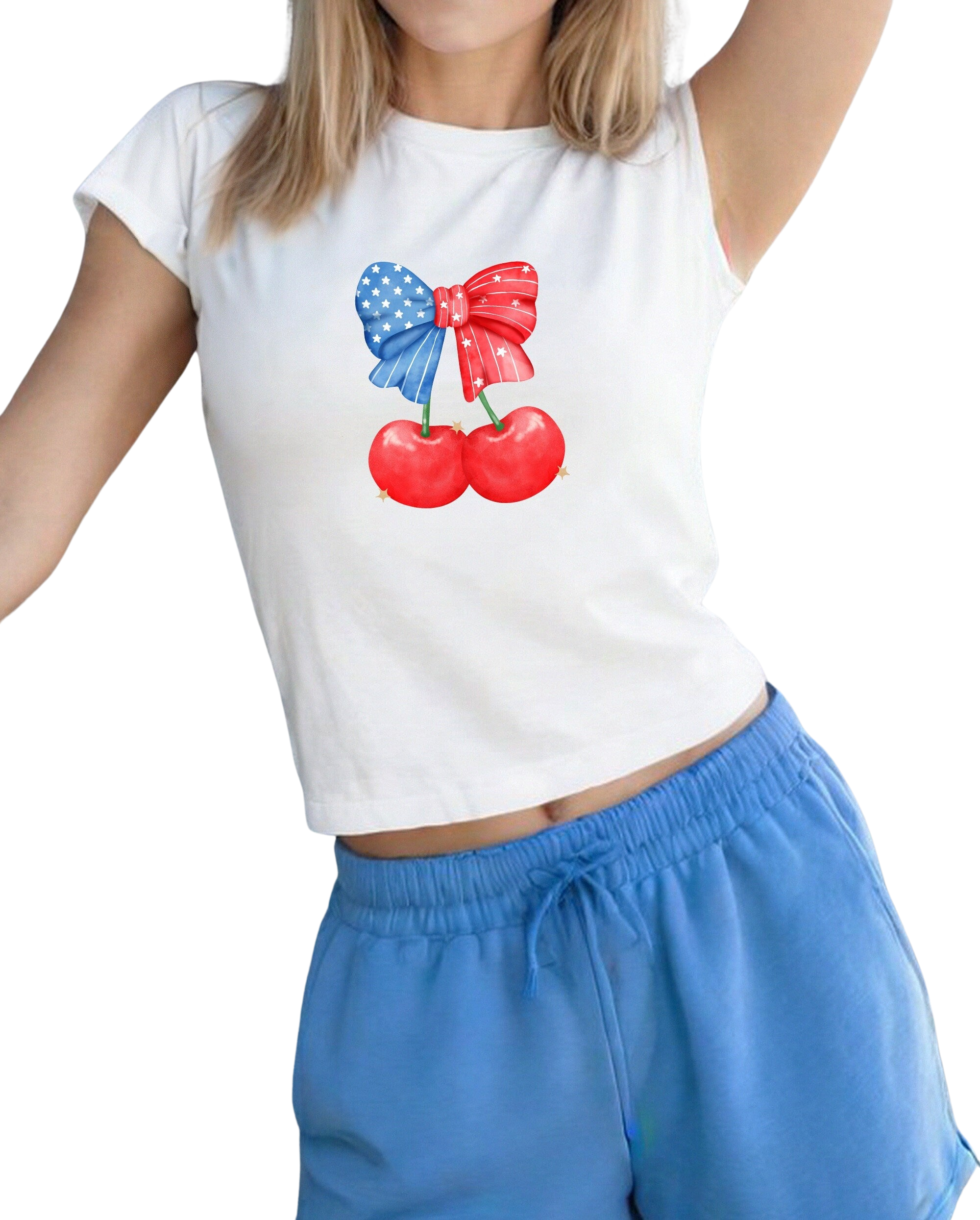 USA Cherries 4th of July Baby Tee Forth of July Bow Design Cute July 4th Baby Tee Gildan 5000B T Shirt, Independence Day Cropped Shirt