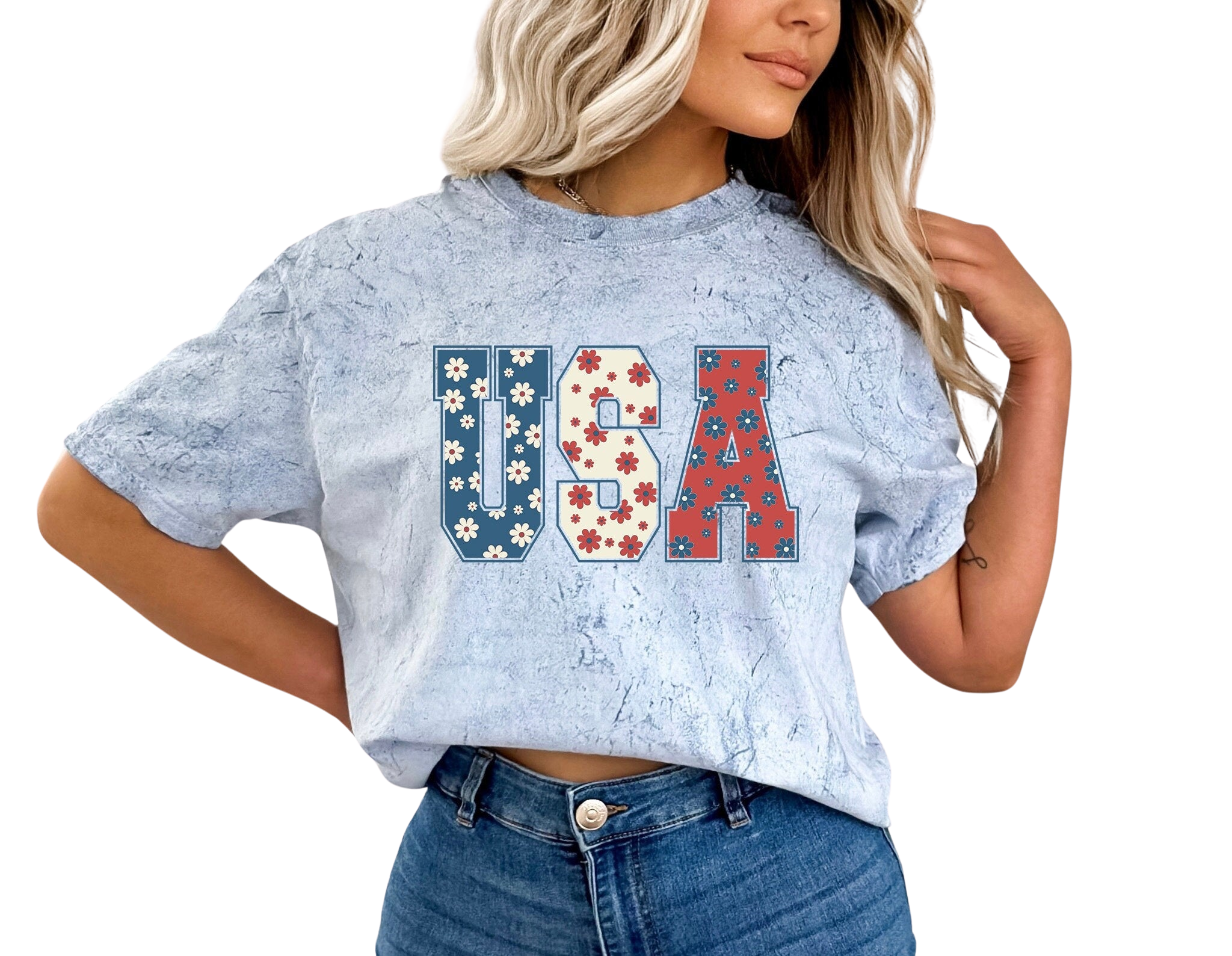 Retro Floral USA Tie Dye Vintage Washed Shirt, Freedom, vintage fourth shirt, Womens 4th of July