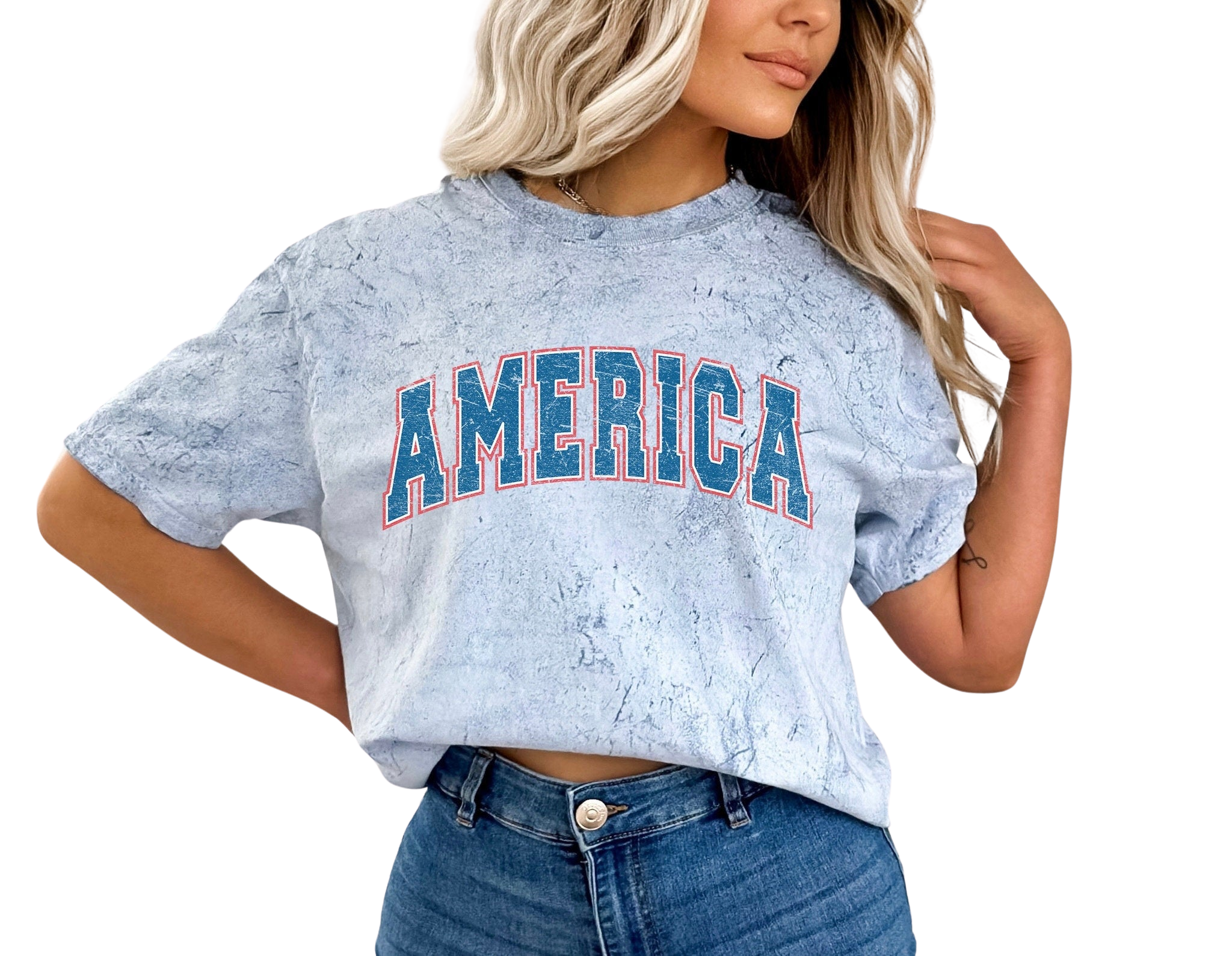 Retro USA Tie Dye Vintage Washed T Varsity Letters America July fourth shirt Womens 4th of July