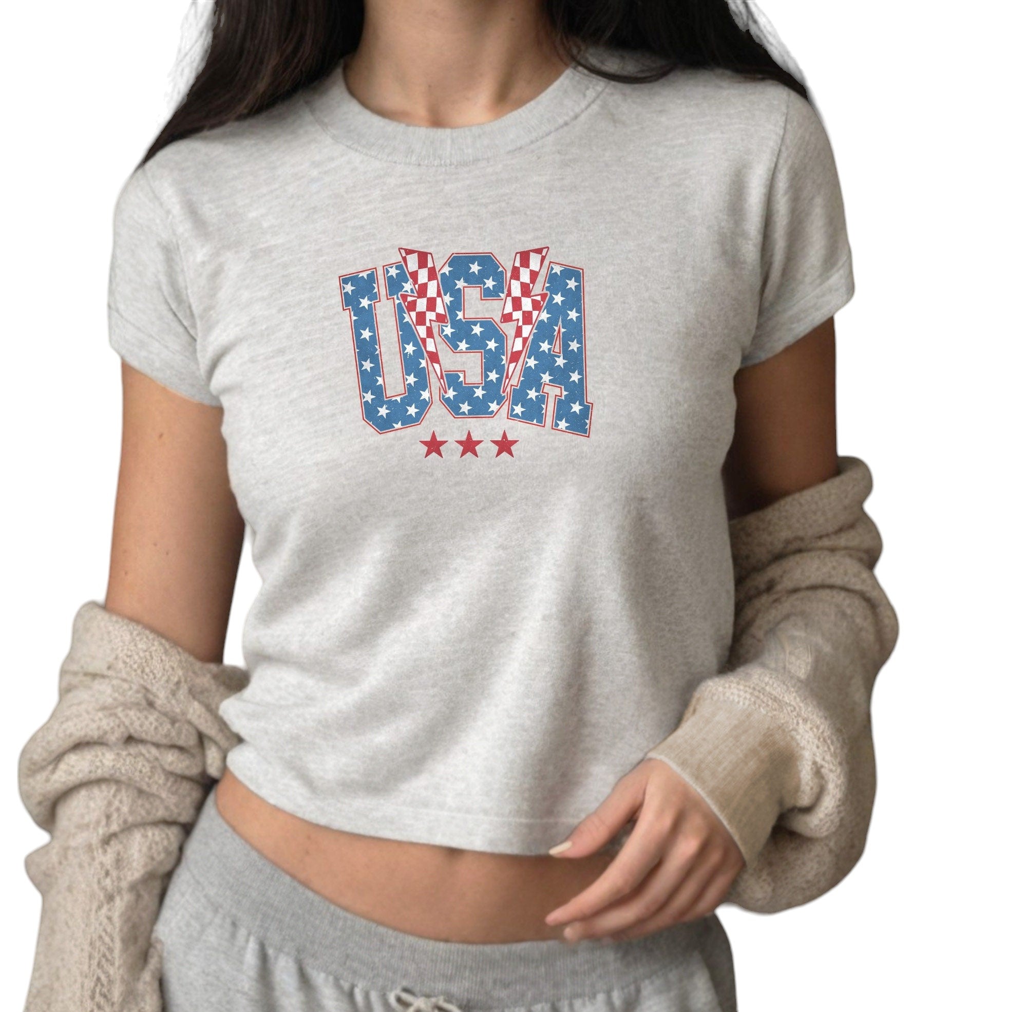 Checkered USA 4th of July Baby Tee, Fourth of July Design, Cute July 4th Baby Tee, Gildan 5000B T Shirt, Independence Day Cropped Shirt