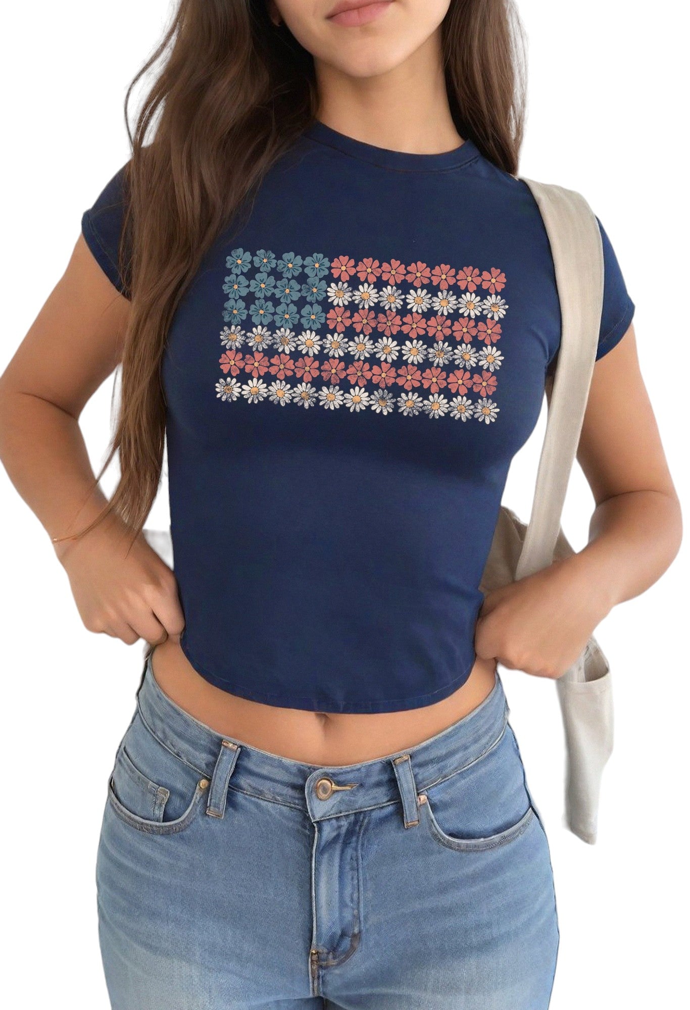 Retro USA Flower Flag 4th of July Baby Tee Fourth of July Bow Design July 4th Baby Tee Gildan 5000B T Shirt Independence Day Cropped Shirt