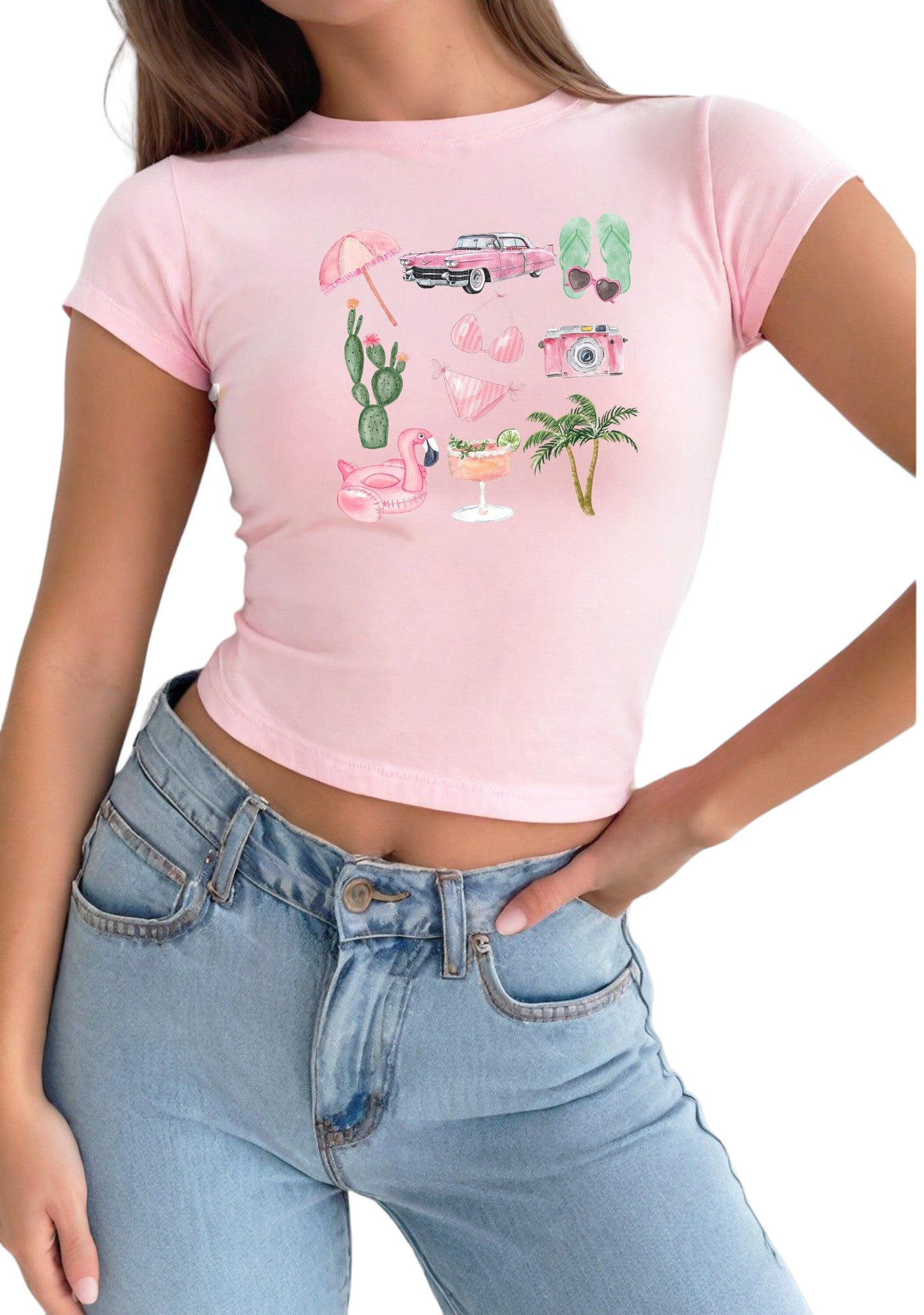 Retro Summer Collage Baby Tee , Pink, Palm Trees Baby Tee, Cute Baby, Graphic Tee, y2k baby tee, 90s baby tee, y2k, Crop