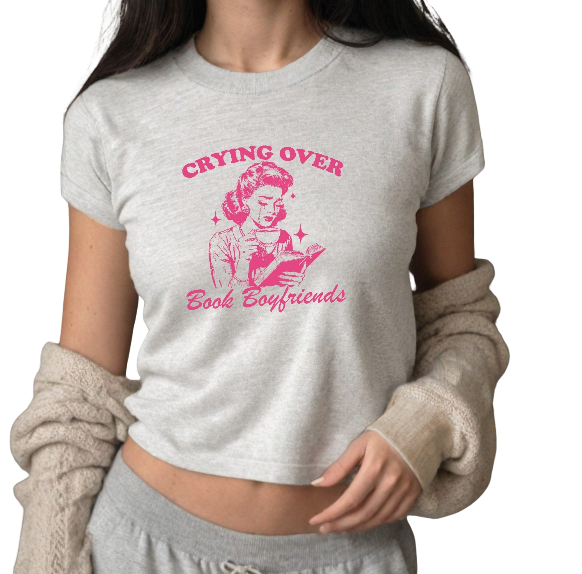 Crying Over Book Boyfriends Baby Tee Book Lover Graphic T, 90s T Shirt Reading Girly y2k baby tee 90s baby tee y2k Crop