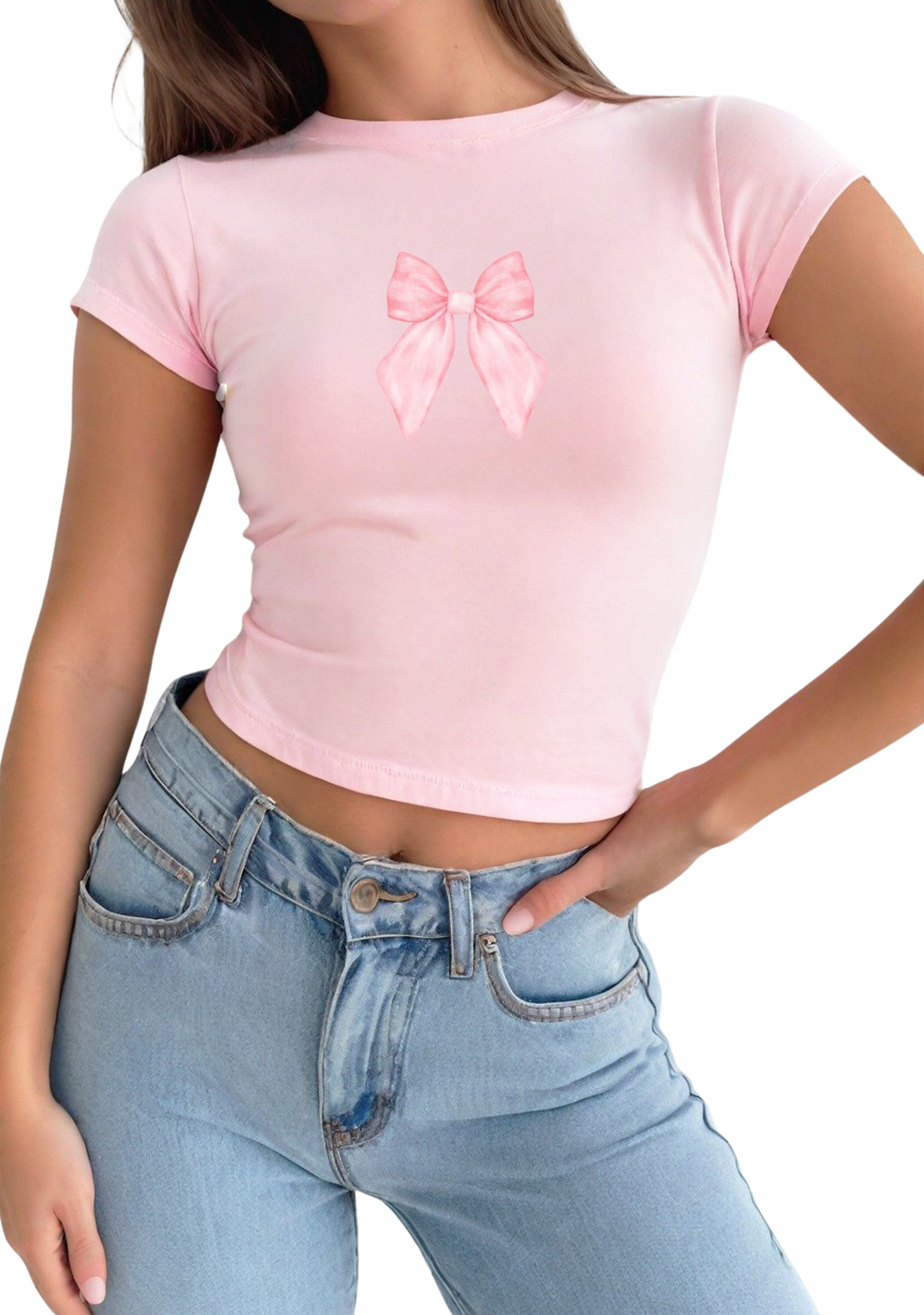 Cute Pink Bow Baby Tee Croquette Bow Graphic T, 90s T Shirt Girly pop y2k baby tee 90s baby tee y2k Crop