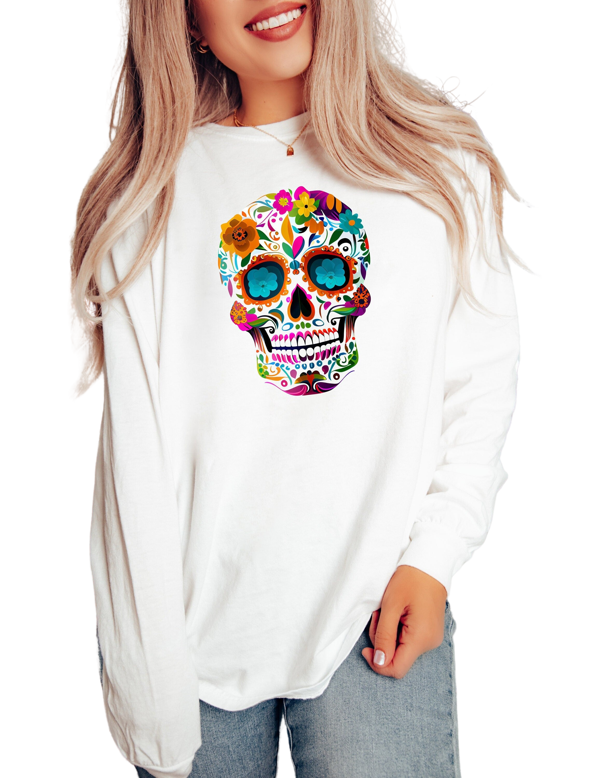 Long Sleeve Retro Day Of The Dead Vintage Washed Shirt, Dia De Los Muertos Vintage Shirt, Sugar Skull T-Shirt, Graphic T