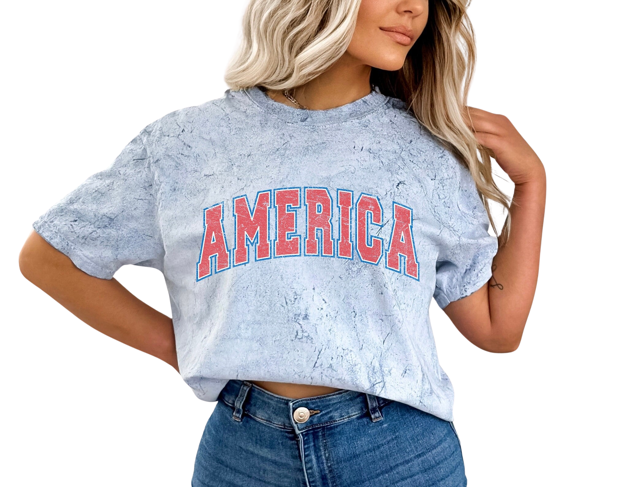 Retro USA Tie Dye Vintage Washed T Red Varsity Letters America July fourth shirt Womens 4th of July