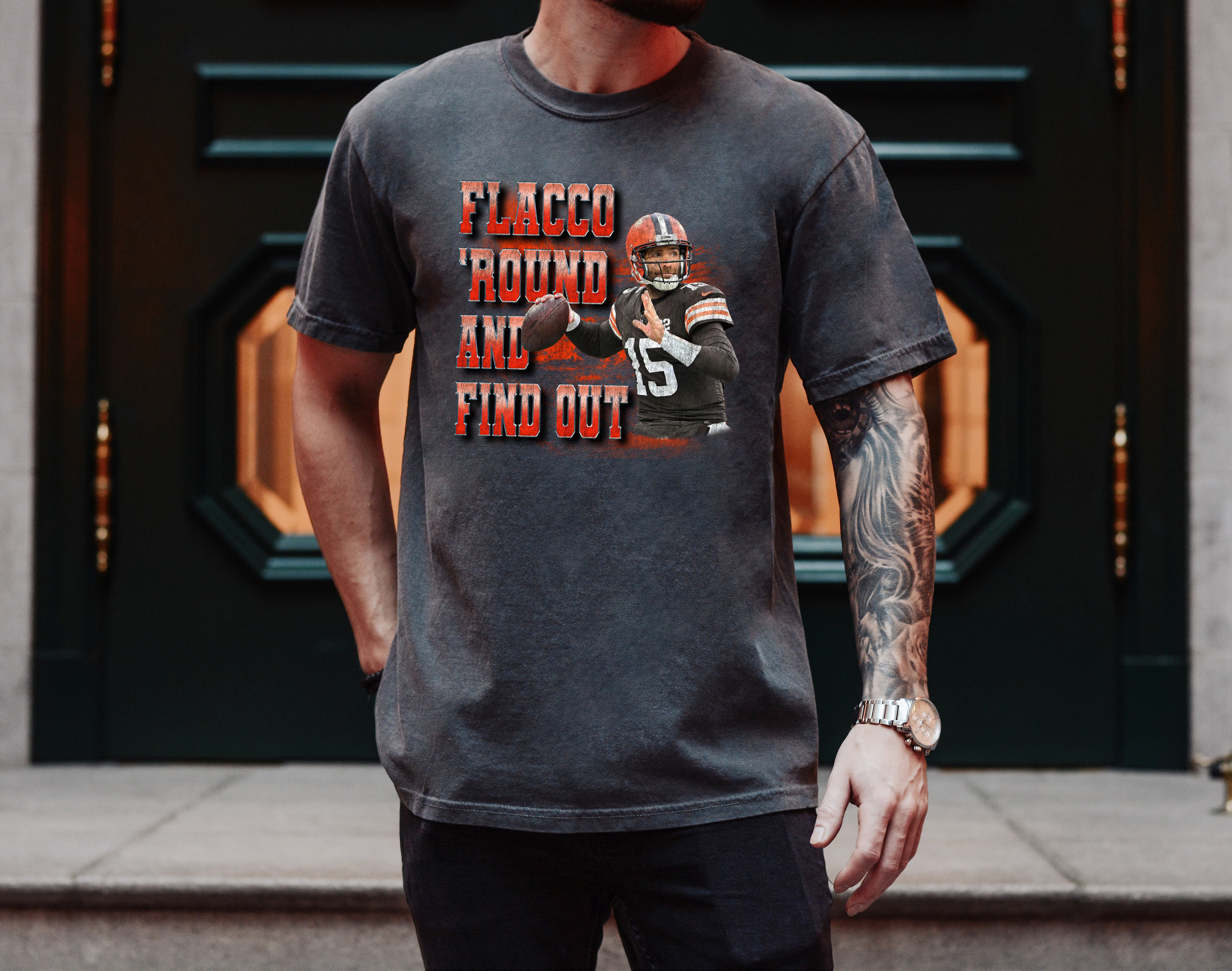 Flacco 'round And Find Out Mens and Womens Joe Flacco Tee, Flacc Around and Find Out