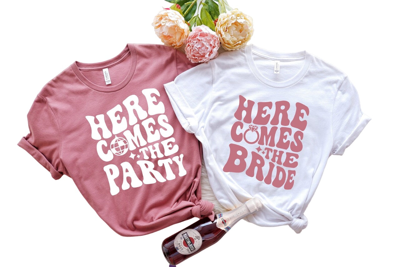 Wavy Here Comes The Bride, Retro Batch Shirts, Bachelorette Party Shirts, Here Comes The Party,