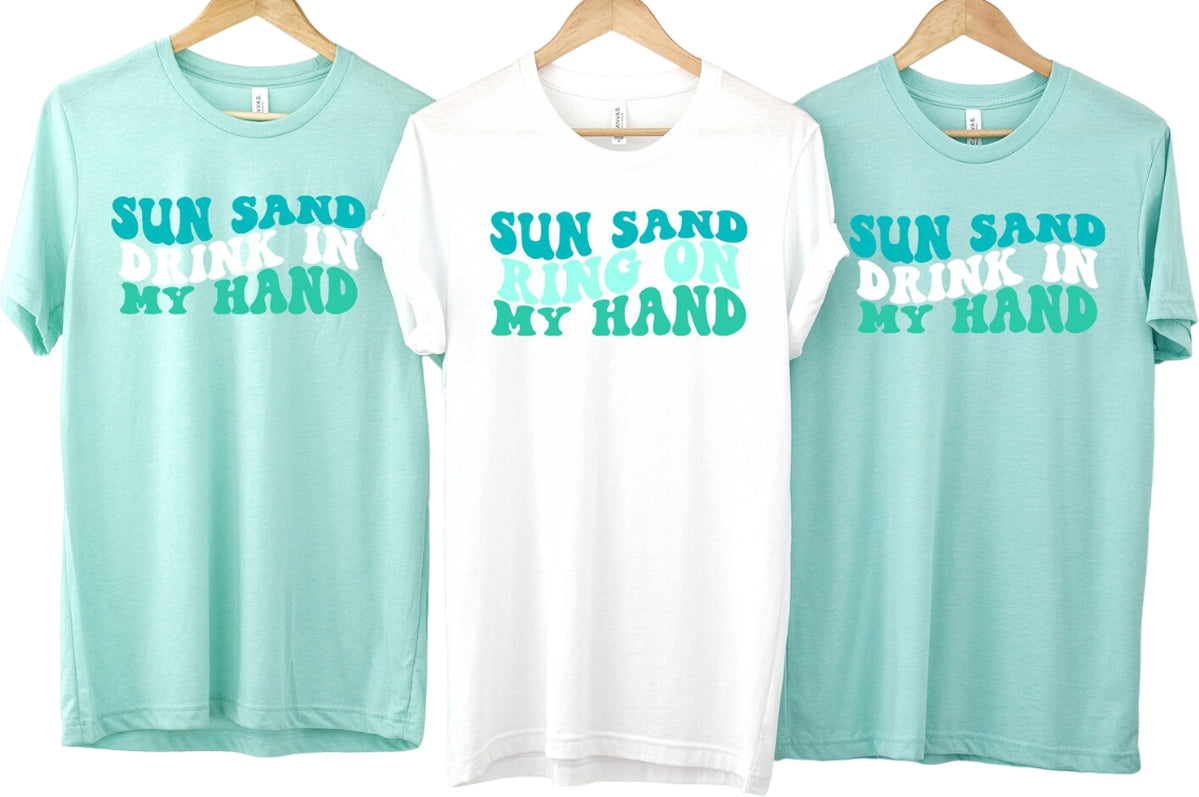 Wavy Sun Sand Drink In My Hand, Ring On My Hand, Retro Batch Shirts, Bachelorette Party Shirts,