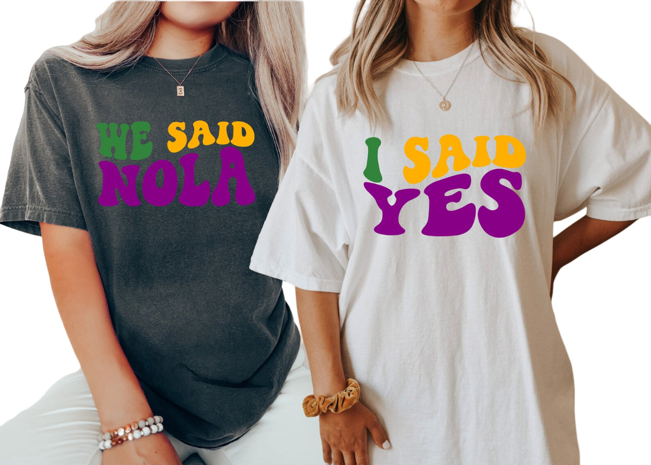 Vintage Washed Wavy We Said Nola Mardi Gras, I Said Yes Retro Batch Shirts, Bachelorette Party