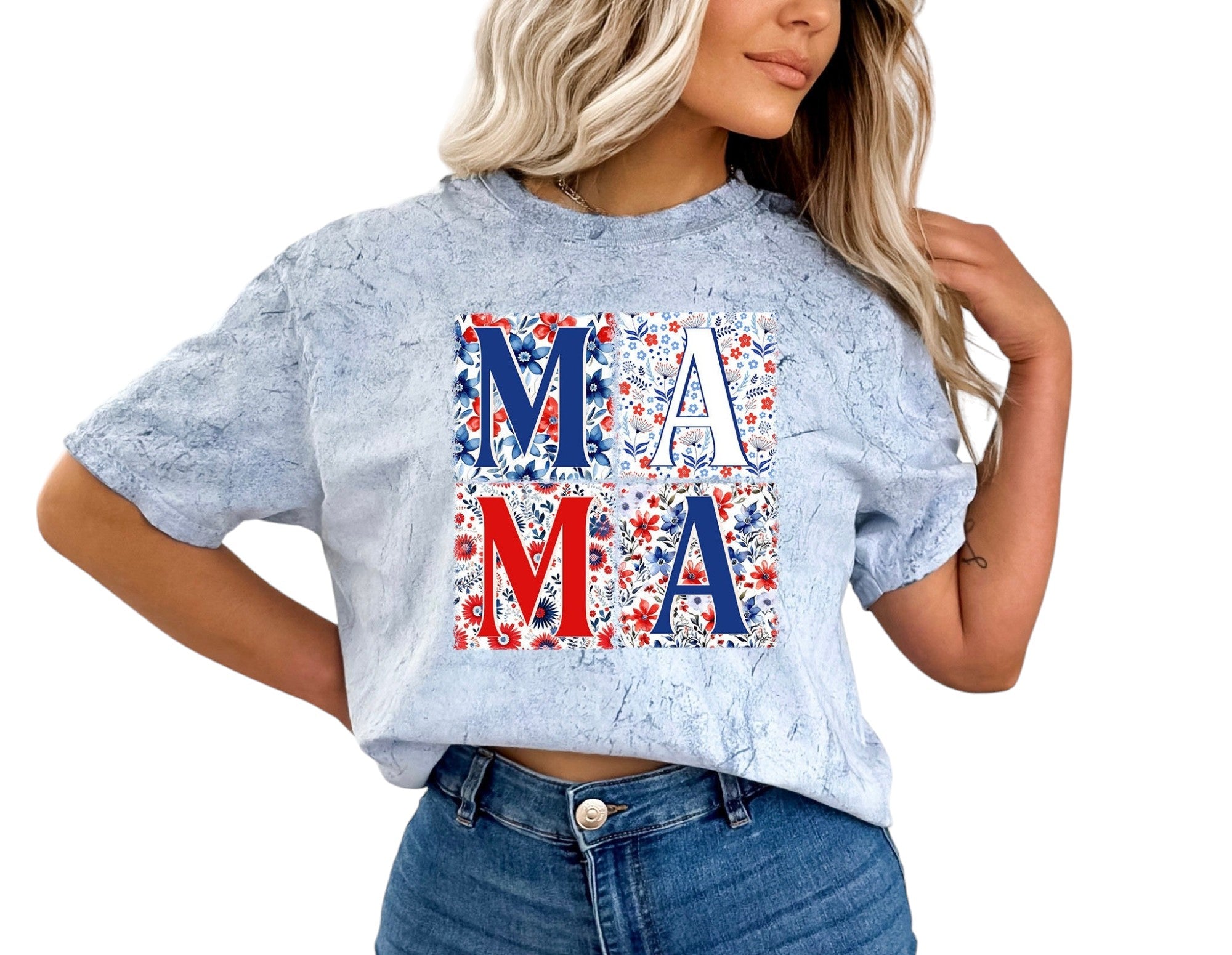 Red White Blue Floral MAMA Tie Dye Vintage Washed shirt Retro fourth shirt, Womens 4th of July shirt,American Patriotic Shirt, Independence