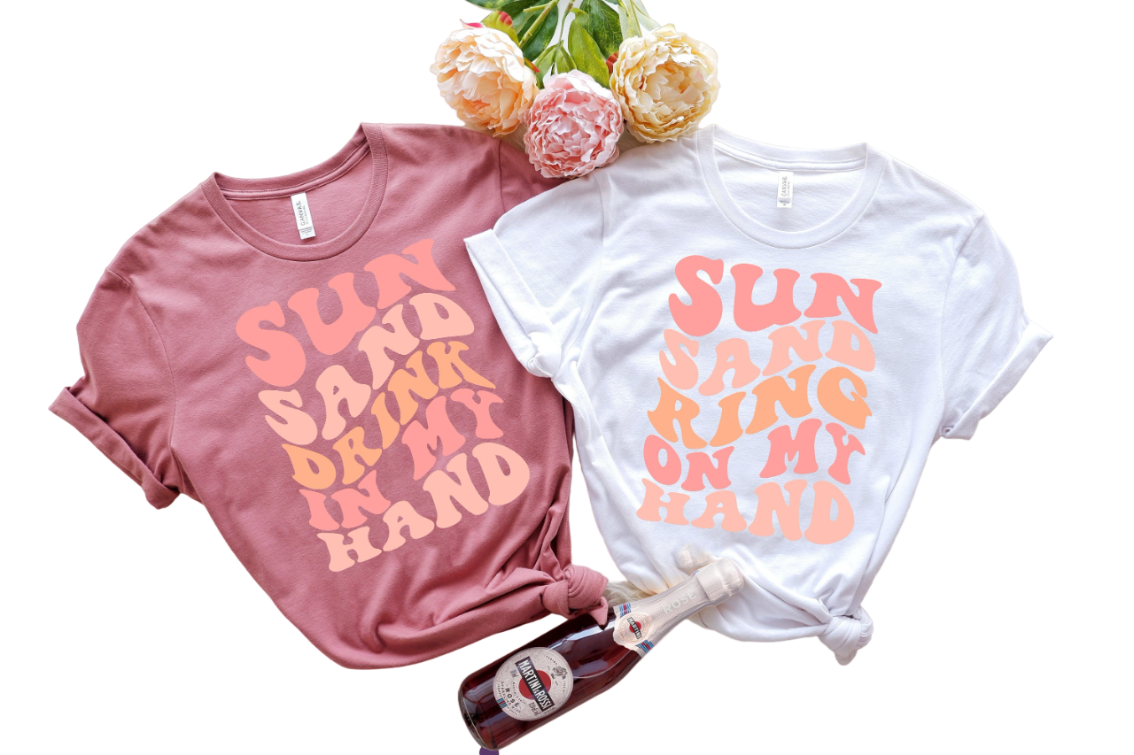 Wavy Sun Sand Drink In My Hand, Ring On My Hand, Retro Batch Shirts, Bachelorette Party Shirts,