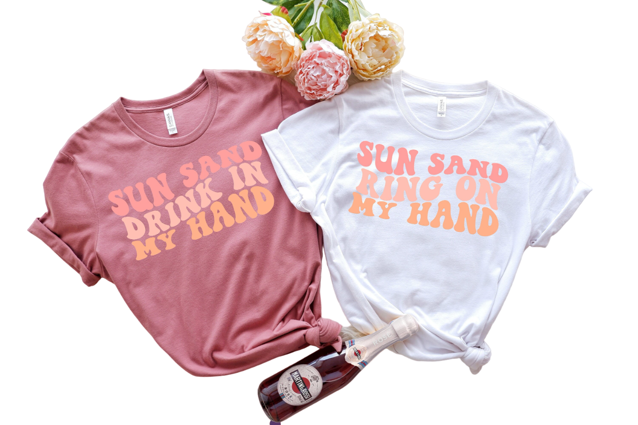 Wavy Sun Sand Drink In My Hand, Ring On My Hand, Retro Batch Shirts, Bachelorette Party Shirts,