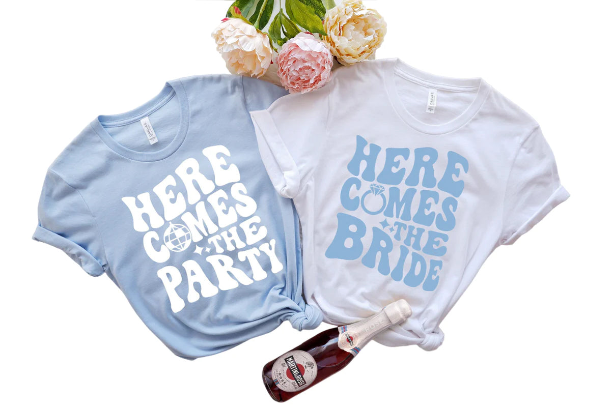 Wavy Here Comes The Bride, Retro Batch Shirts, Bachelorette Party Shirts, Here Comes The Party,