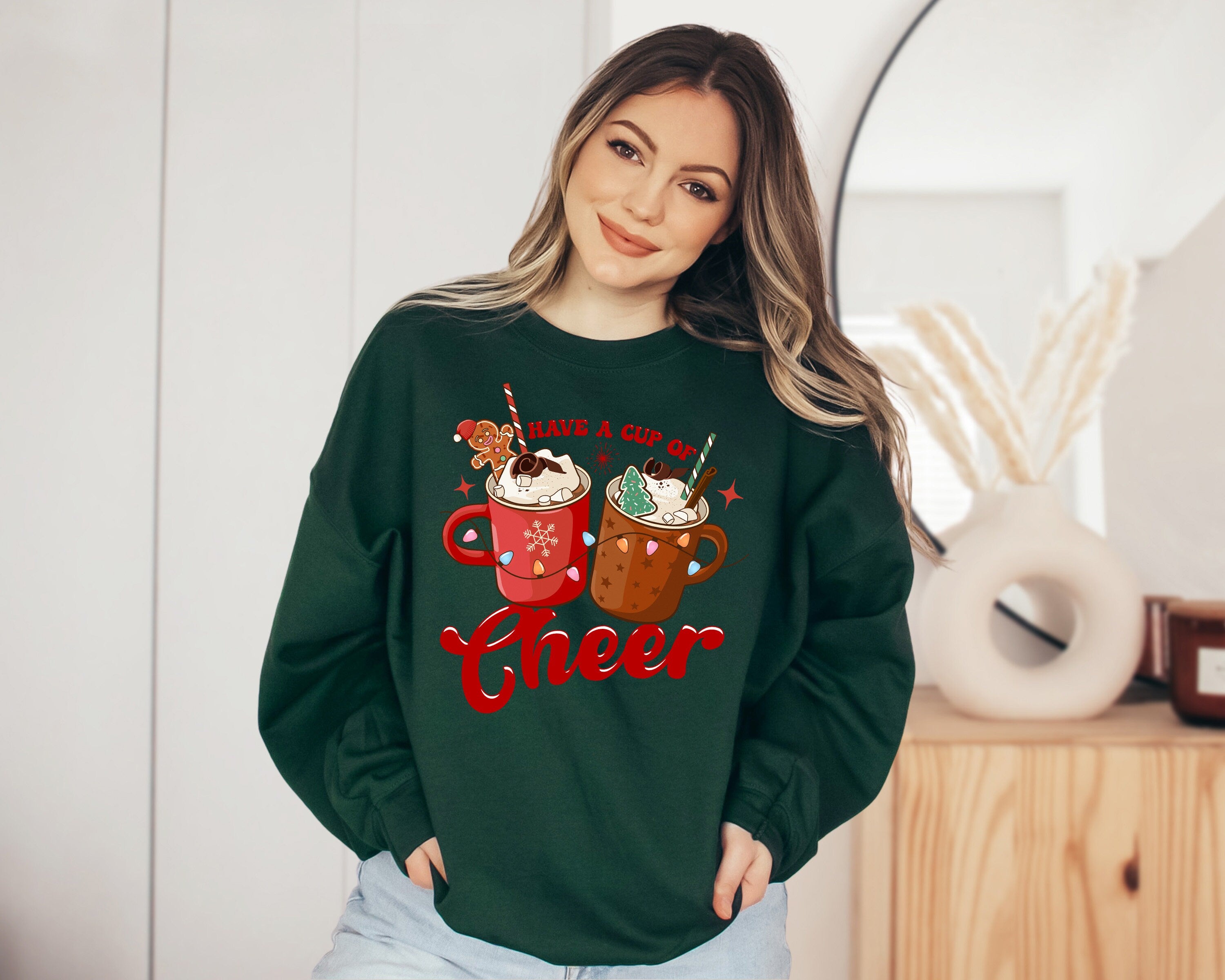 Have a Cup of Cheer Cocoa Sweater, Vintage Christmas, Christmas Sweatshirt, Women's Cute Santa, Xmas Graphic Pullover, Holiday Ugly Sweater