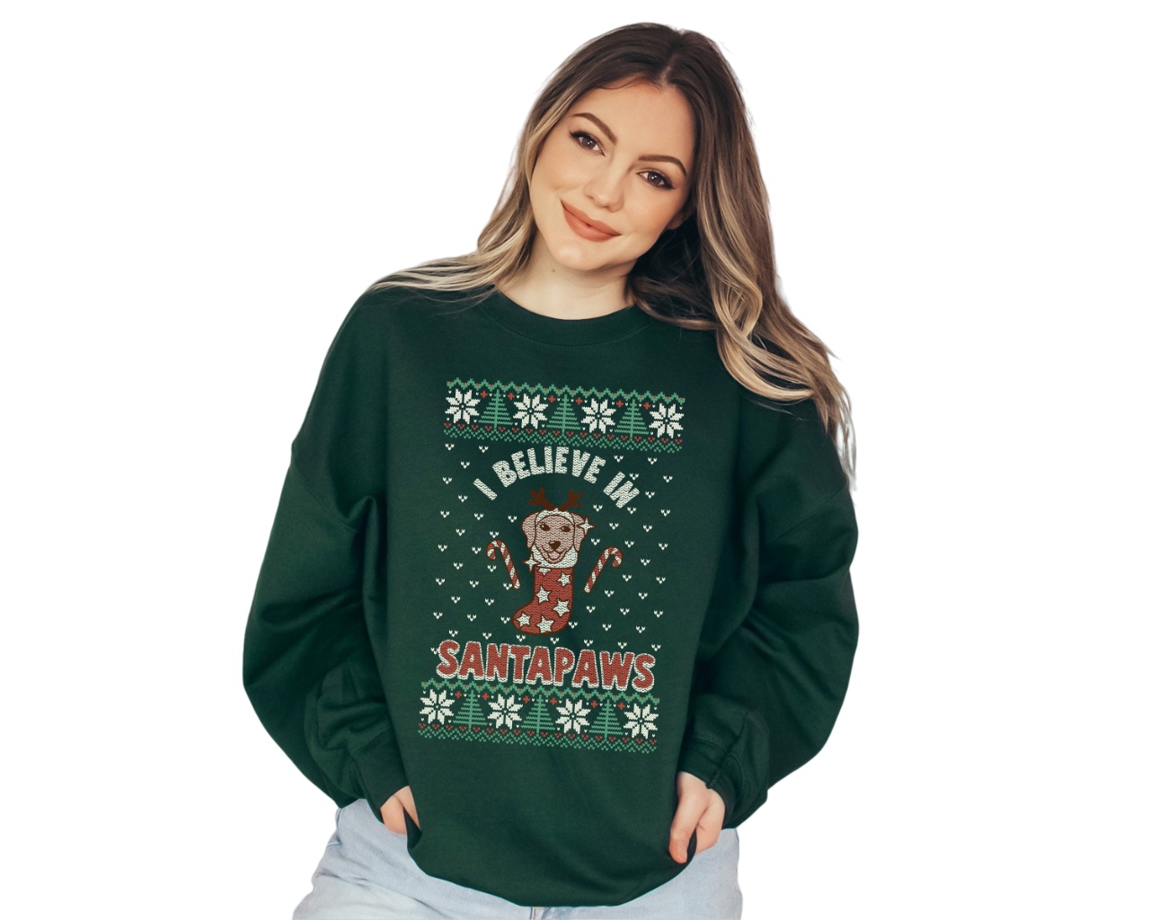 Believe ion Santapaws Sweater, Vintage Christmas, Christmas Sweatshirt, Women's Cute Santa, Graphic