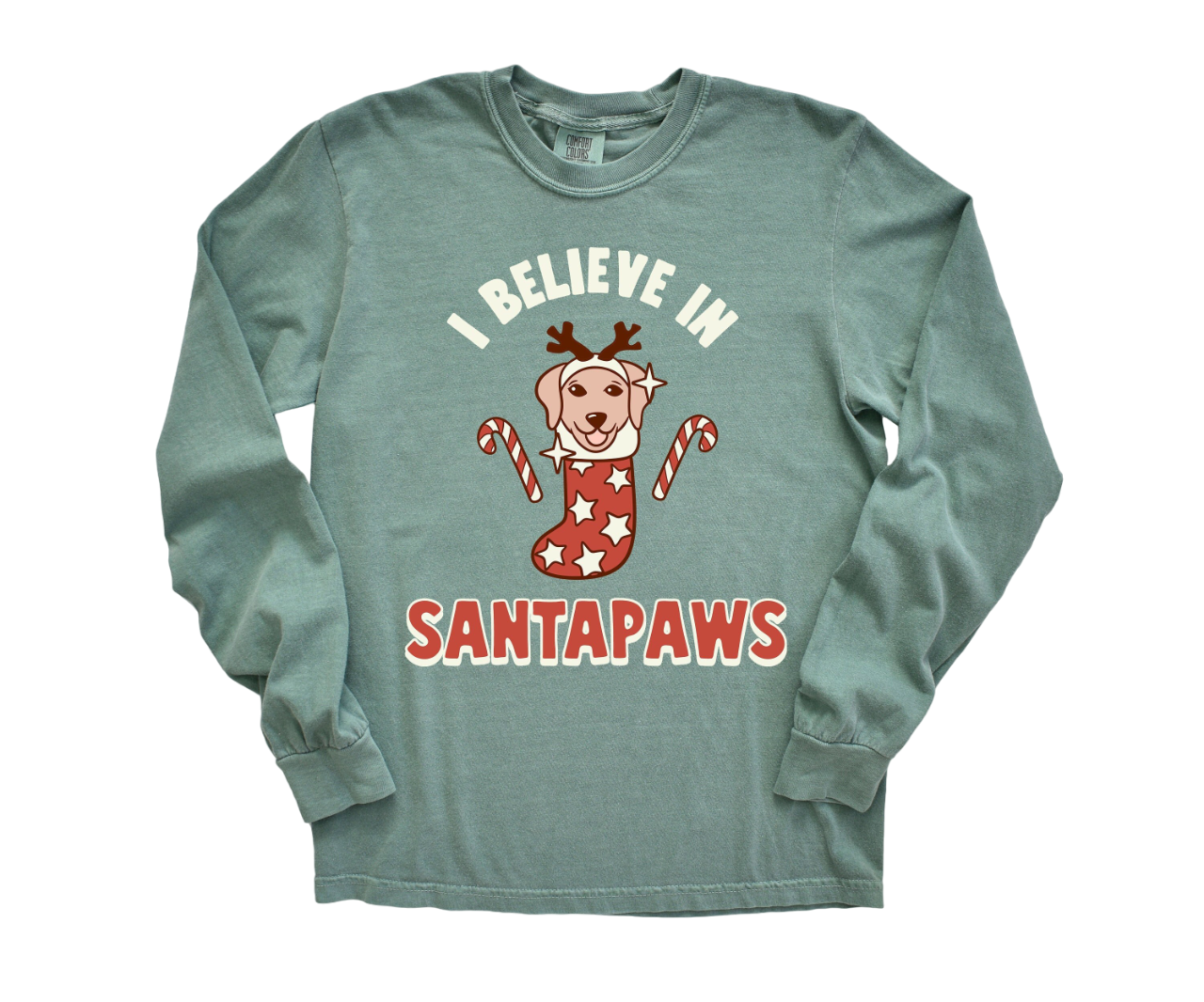 Long Sleeve Retro Christmas Vintage Washed shirt, Believe in Santapaws, Vintage New Years Holiday