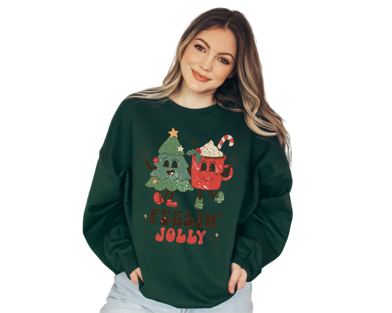 Feeling Jolly Holiday Sweater, Vintage Christmas, Christmas Sweatshirt,  Cute Santa, Xmas Graphic