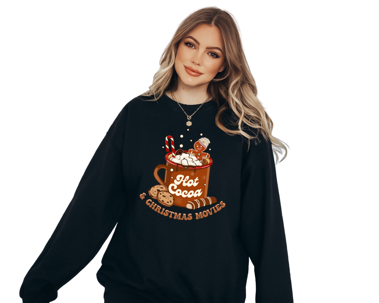 Hot Cocoa And Christmas Movies Sweater, Vintage Christmas Sweatshirt, Women's Cute Santa, Xmas