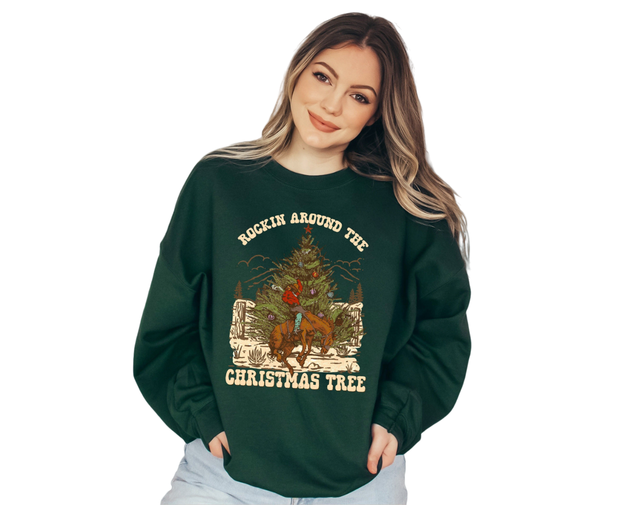 Rockin' Around Sweater, Vintage Christmas, Christmas Tree Sweatshirt, Womens Cute Santa, Xmas