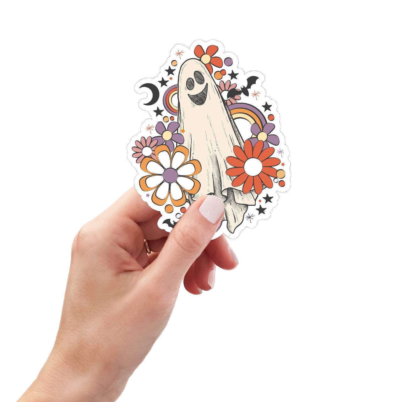 Retro Halloween Weatherproof Sticker, Floral Ghost Sticker, Vintage Ghost Halloween Laptop Sticker,