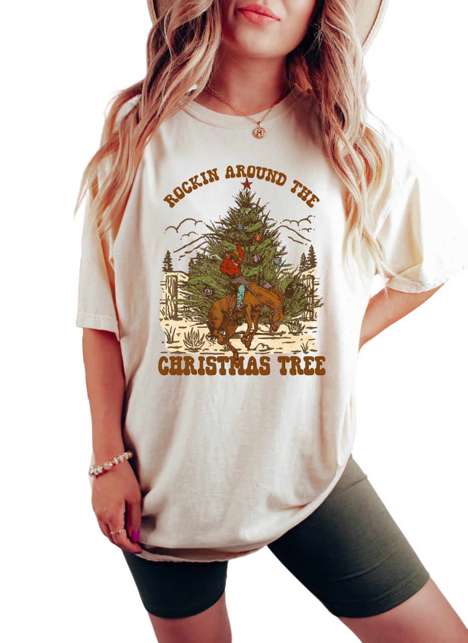 Retro Christmas Vintage Washed Shirt, Rockin Around The Tree Shirt, Vintage Santa Christmas Shirt,