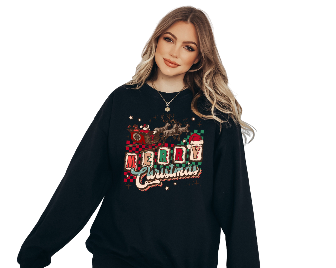 Boho Merry Christmas Tree Sweater, Vintage Christmas, Christmas Sweatshirt, Women's Cute Santa, Xmas