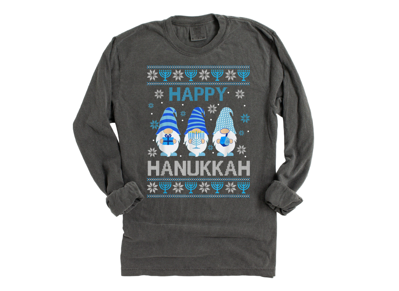 Retro Hanukkah Long Sleeve Vintage Washed Shirt, Gnome Hanukkah Shirt, Holiday Shirt, Jewish Saying