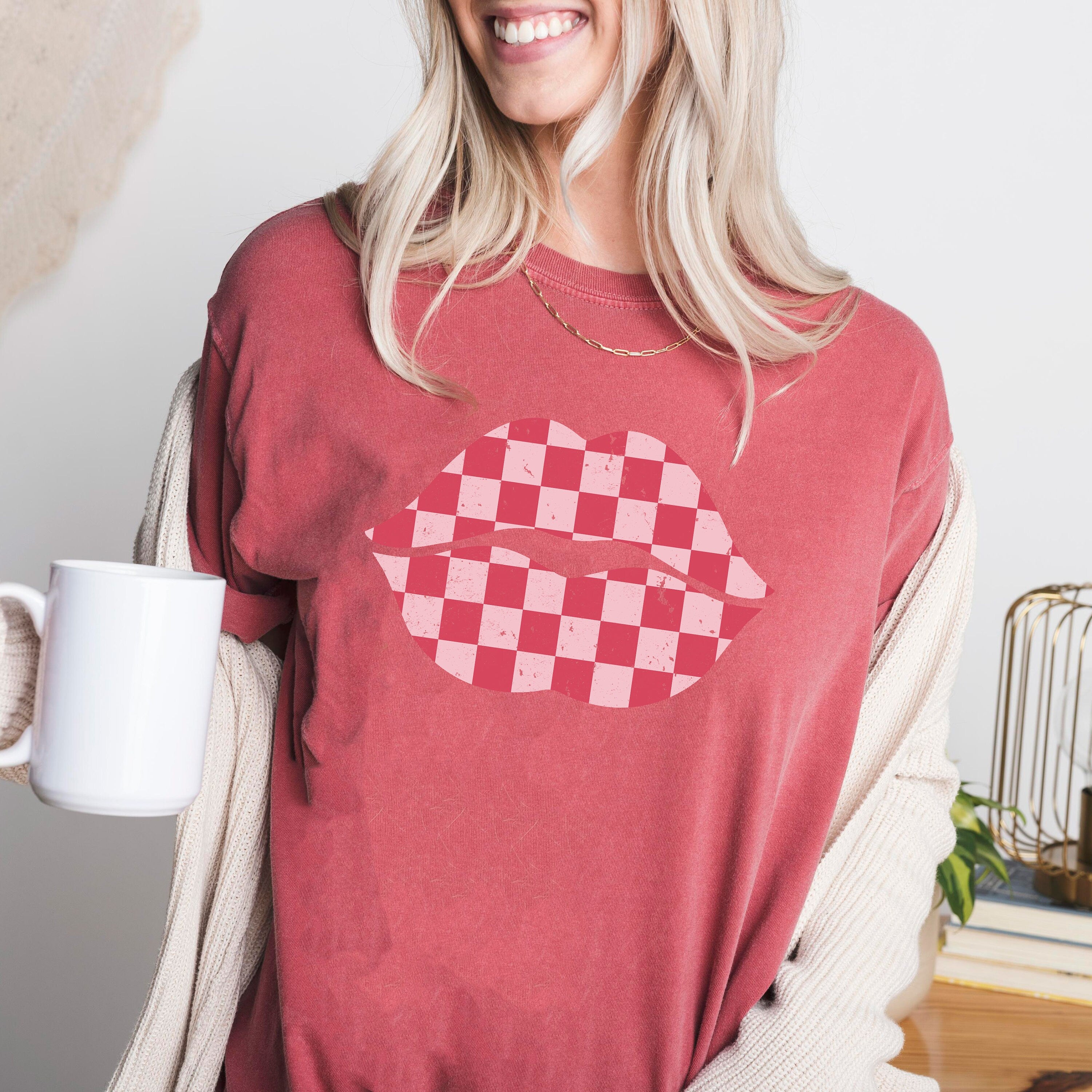 Retro Valentines Day Comfort Colors Shirt, Checkered Lips Love Shirt, Vintage Couples Shirt, Love Shirt, Heart Shirt, Proud Single Shirt