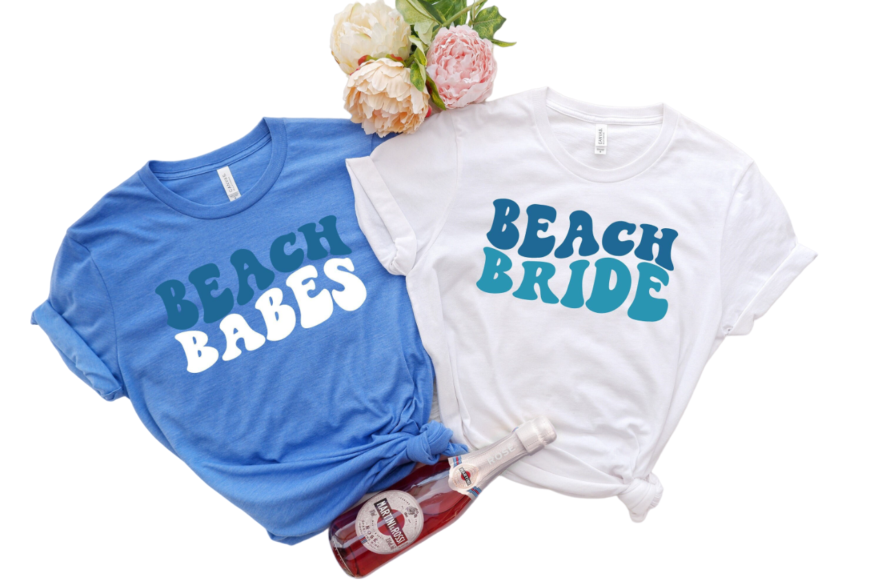 Beach Bride and Beach Babes, Blue Shirts, Baby Blue, Retro Batch Shirts, Bachelorette Party Shirts,