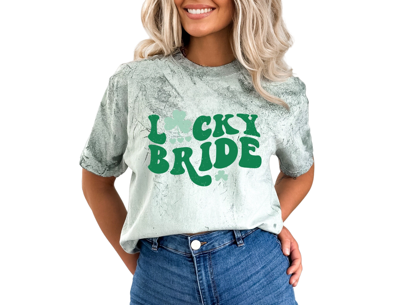 Retro St Patty's Day Tie Dye Vintage Washed Shirt, Lucky Bride Shamrock Tee, Vintage St Patricks Day