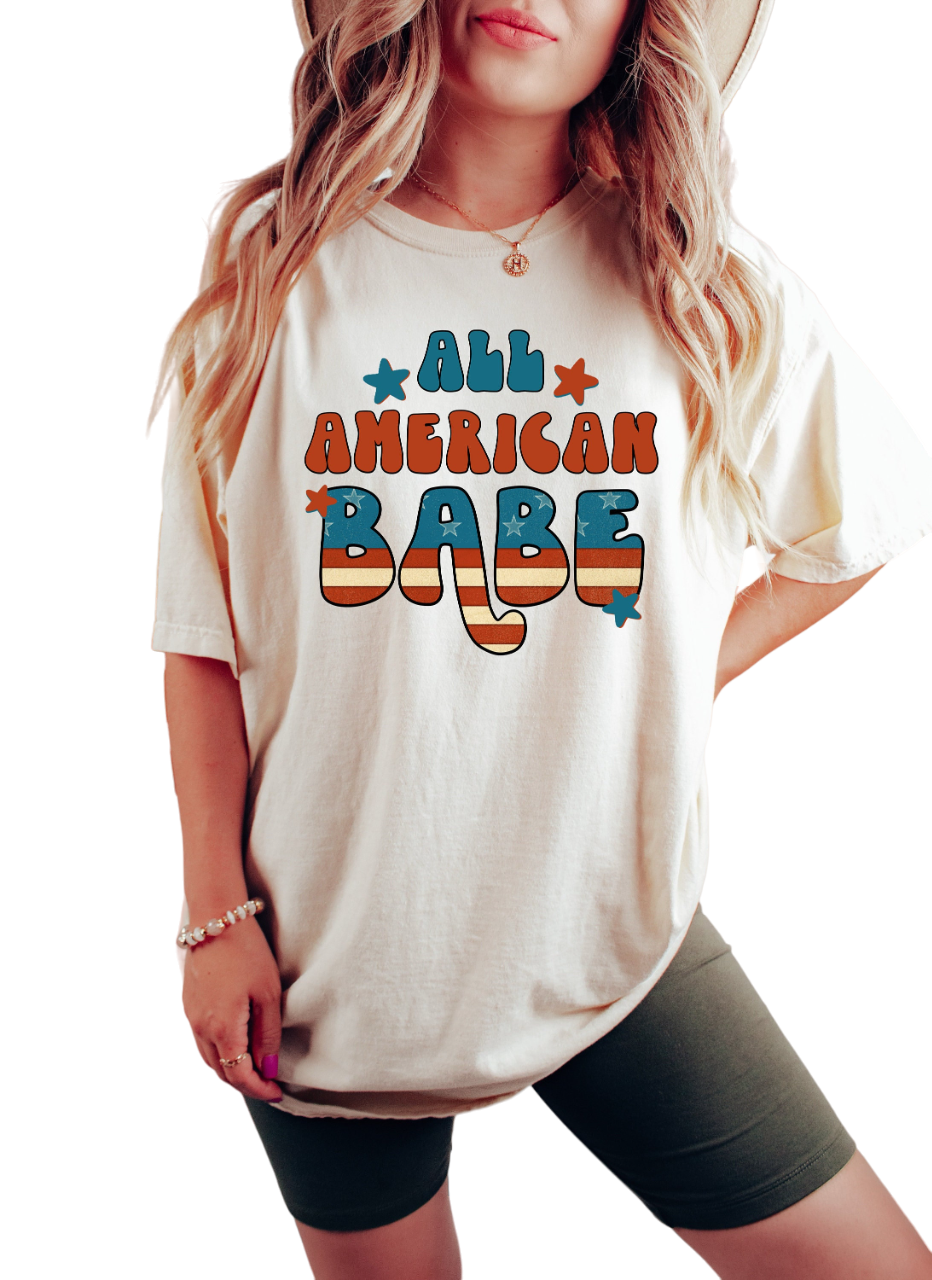 Retro USA Vintage Washed shirt, All American Babe, Retro funny fourth shirt, Womens 4th of July